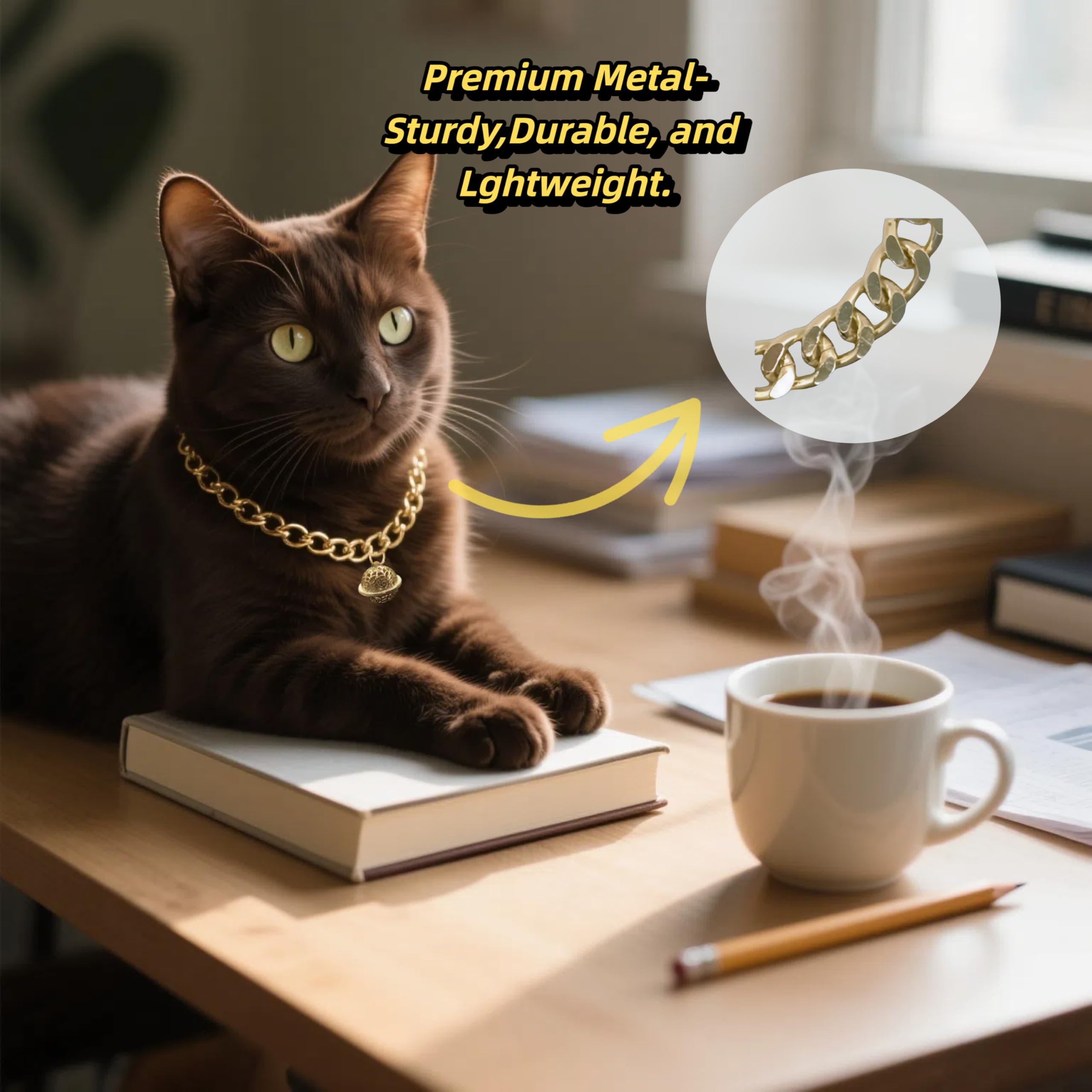 Cwyza Gold Cat Chain Collar With Bell - Lightweight Metal Collar For Gifts, Adjustable Cuban Jewelry For Cats & Dogs (Gold, S)