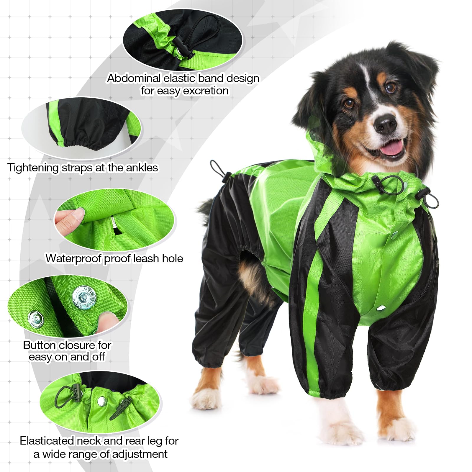Ouobob Dog Raincoat, Lightweight Rain Jacket, Adjustable 4 Legs Pet Poncho With Hood, Snow-Proof Dog Vest Rainwear, Rain Clothes