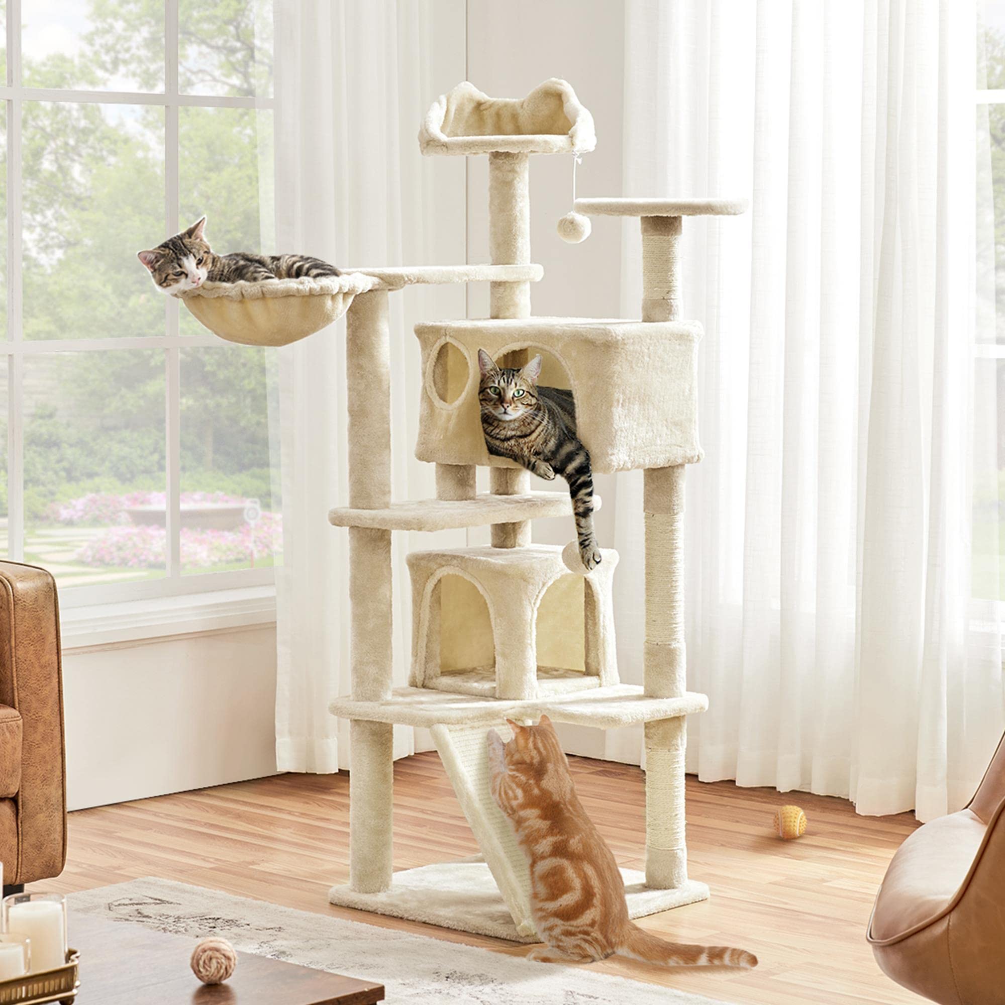 Yaheetech 57 Inches Cat Tree For Indoor Cats, Multi-Level Cat Tower W/ 3 Padded Perches, 2 Cat Condos, 2 Hanging Balls And Scratching Posts, Beige