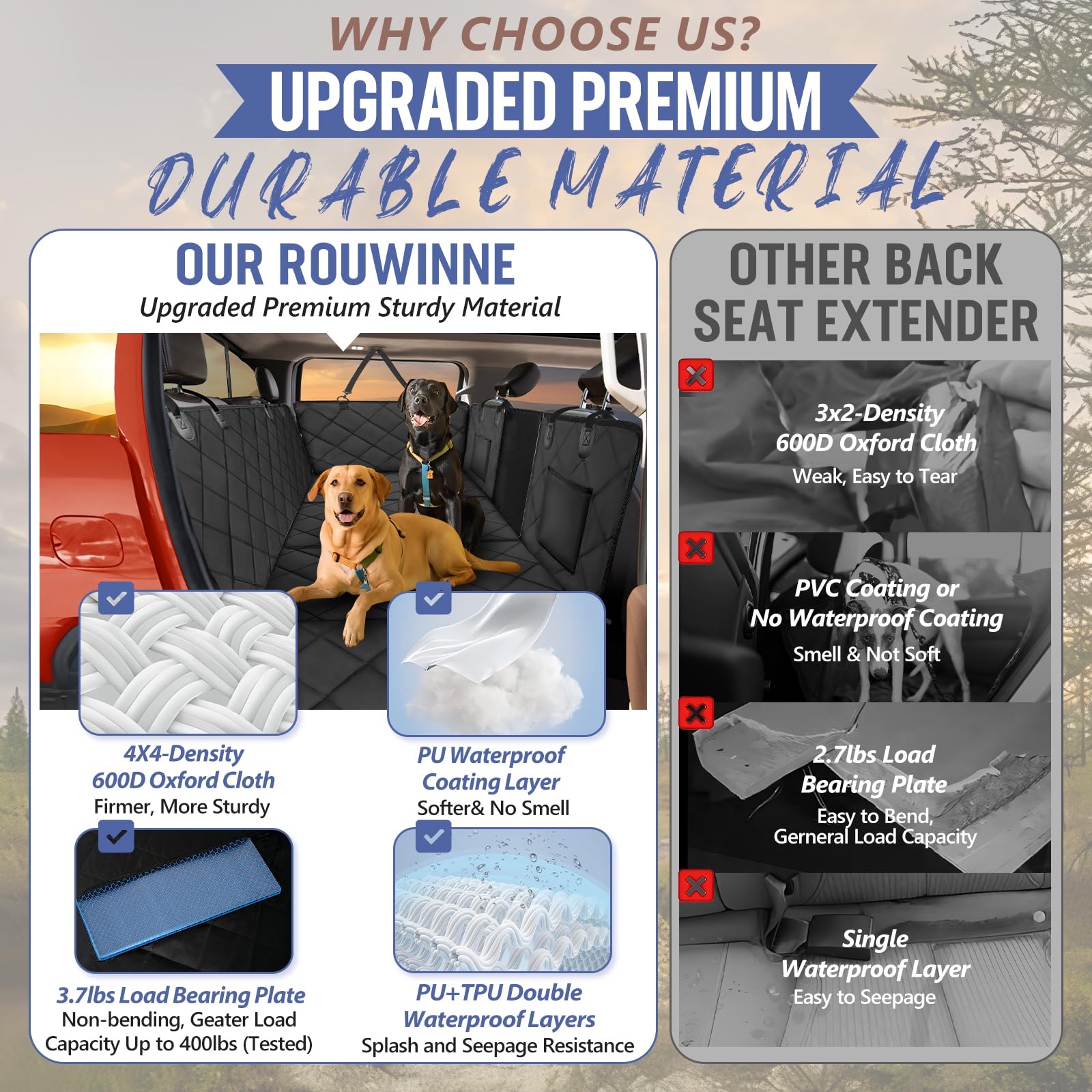 Rouwinne Back Seat Extender For Dogs Truck-Large Space, Dog Seat Cover Back Seat Hard Bottom Holds 400Lbs, Sturdy Pet Seat Covers, Waterproof Backseat Dog Hammock For Trucks