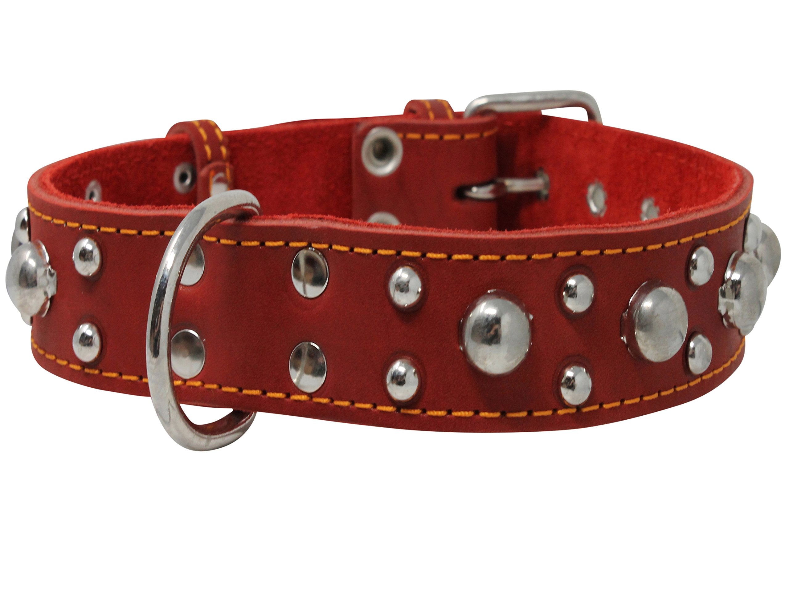 Red Real 1.5 Wide Thick Leather Studded Dog Collar. Fits 17-21.5 Neck, Large Breeds.