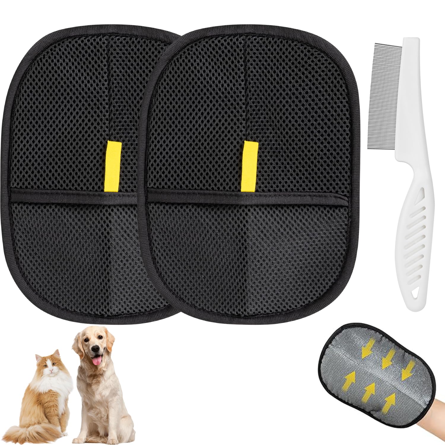 Pet Hair Removal Glove, (2Pcs+Brush) Electrostatic Gloves Pet Hair, Reusable Cat Hair Remover Glove, Furniture, Carpet, Car Seat