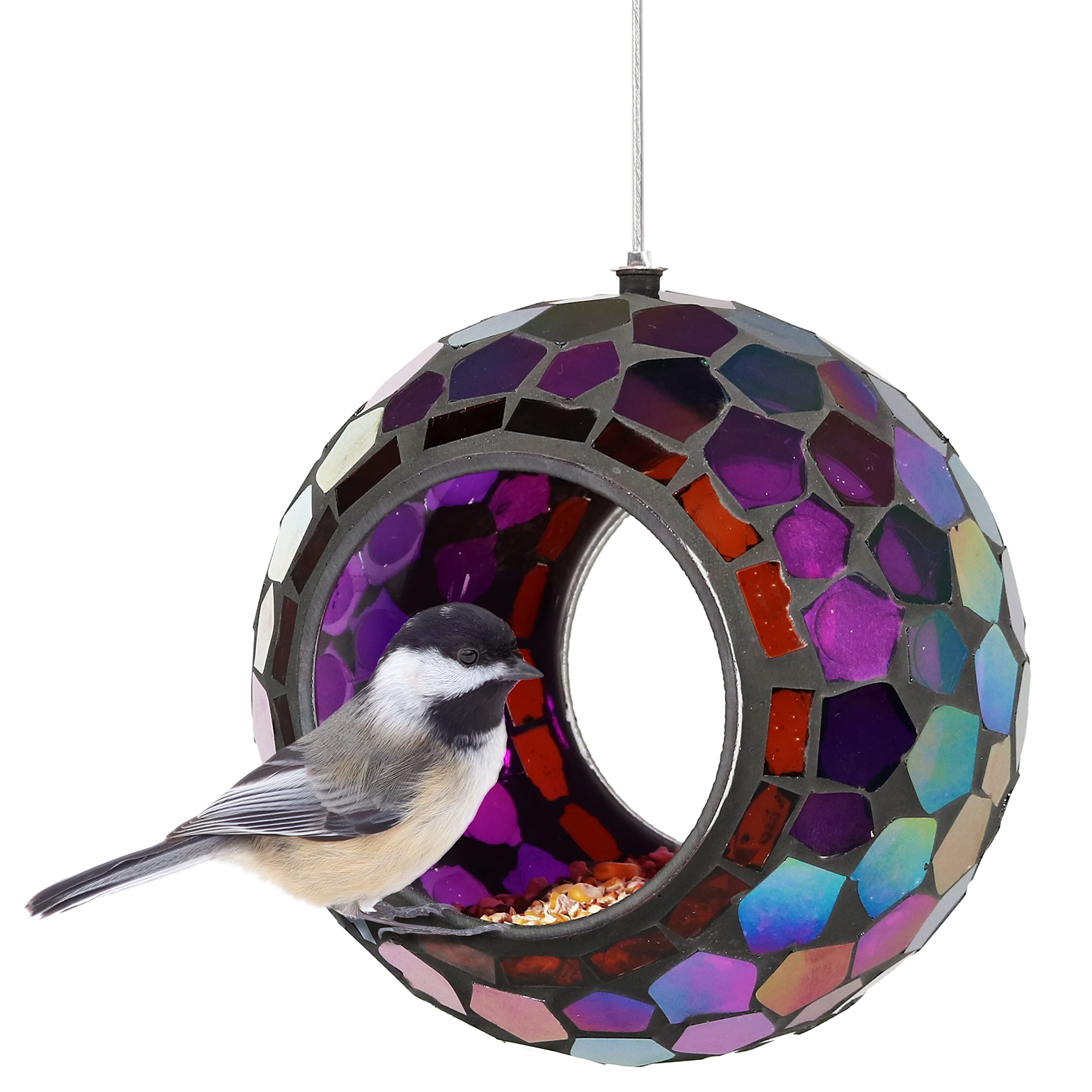 Sunnydaze 6-Inch Glass Mosaic Hanging Bird Feeder for Outdoors - Fly-Through Wild Bird Feeder - Purple