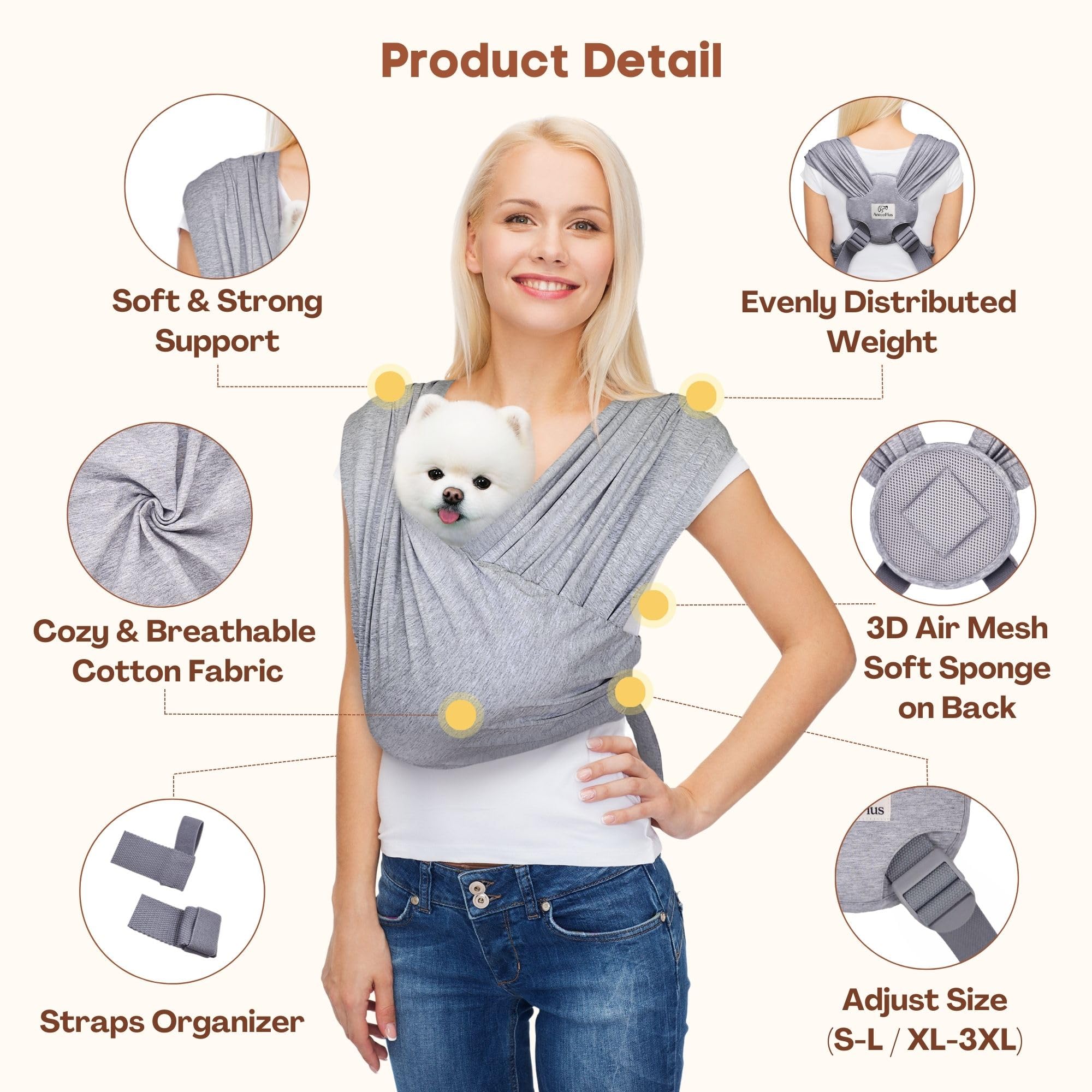 Dog Carrier For Small Dogs, Front Facing Dog Carrier Sling, Hands Free Cat Sling, Size Adjustable, Reducing Back Pain, Soft Cott