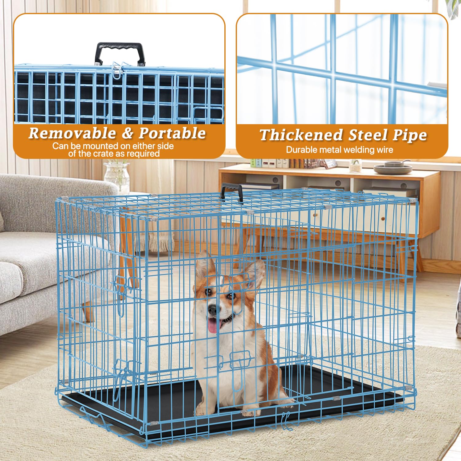 Folding Dog Crate 36'' Metal Portable Outdoor Double Door Wire Large Cat Pet Dog Cage Kennel With Abs Tray Lc & Divider, Blue