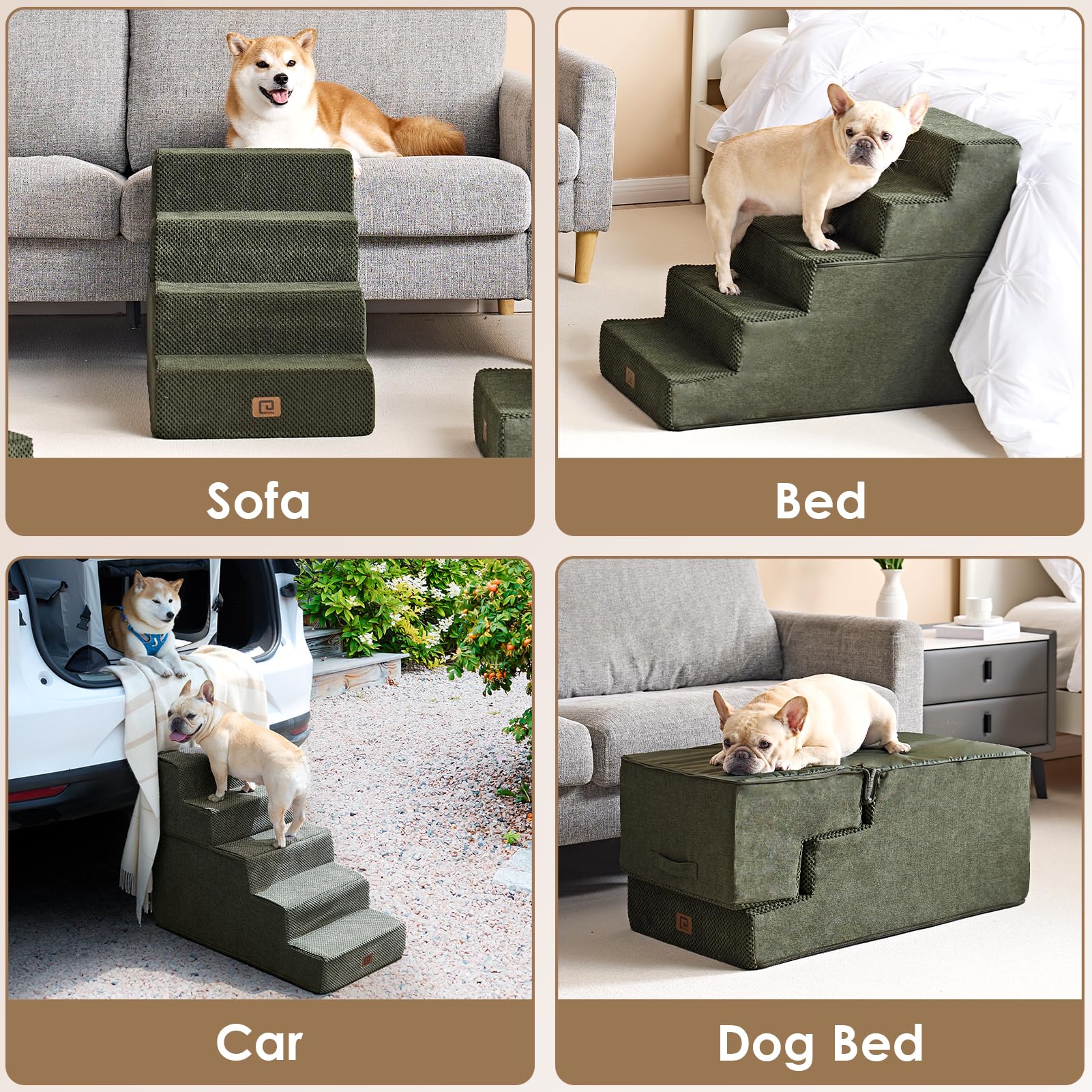 Eheyciga Dog Stairs For High Bed 22.5”H, 5-Step Dog Steps For Bed, Pet Steps For Small Dogs And Cats, Non-Slip Balanced Dog Indoor Ramp, Olive Green