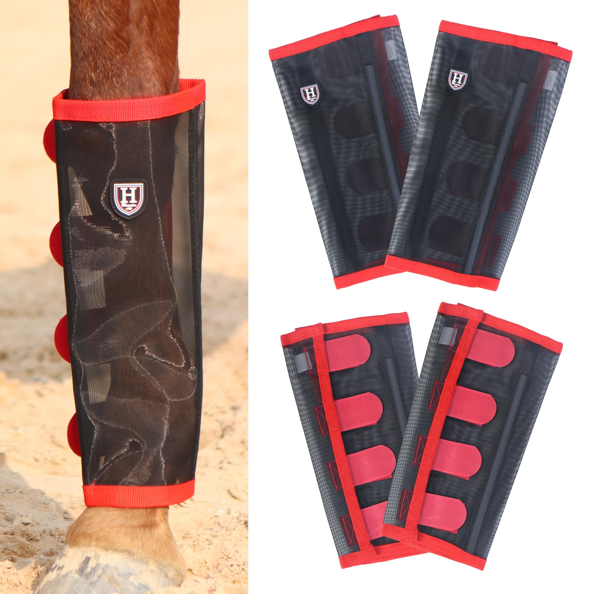 Harrison Howard Loose-Fitting No Hassle Leg Protection Comfortable Fly Boots For Horse (Set Of 4) Red Pony