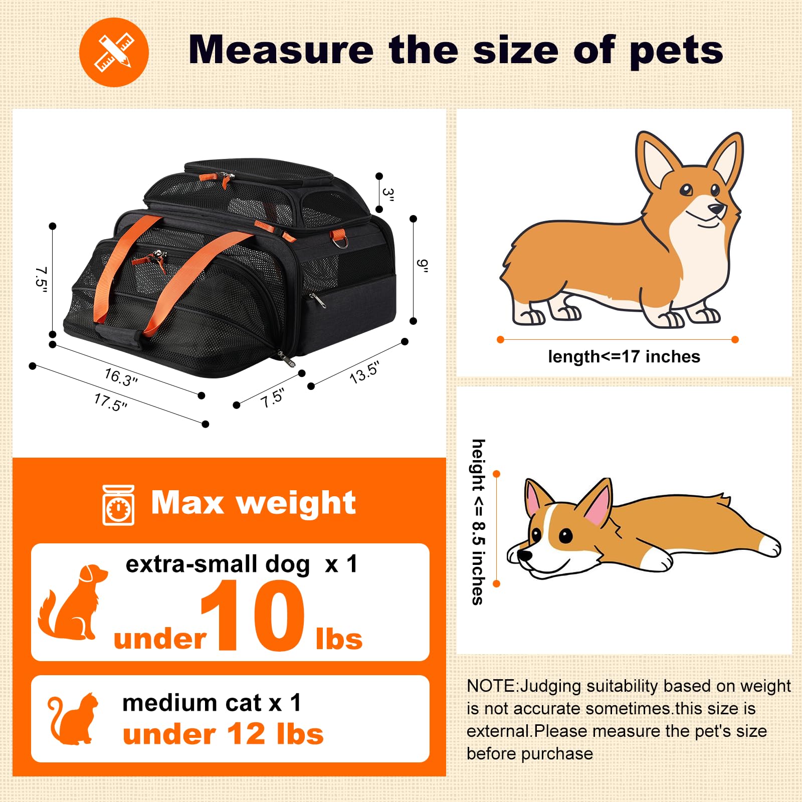 Pidipiti 17.5X13.5X9 Tsa Approved Top And 1 Side Expandable Pet Carrier For Small Dog Puppy Cat Up To 10 Lbs Weight And 17'' Len