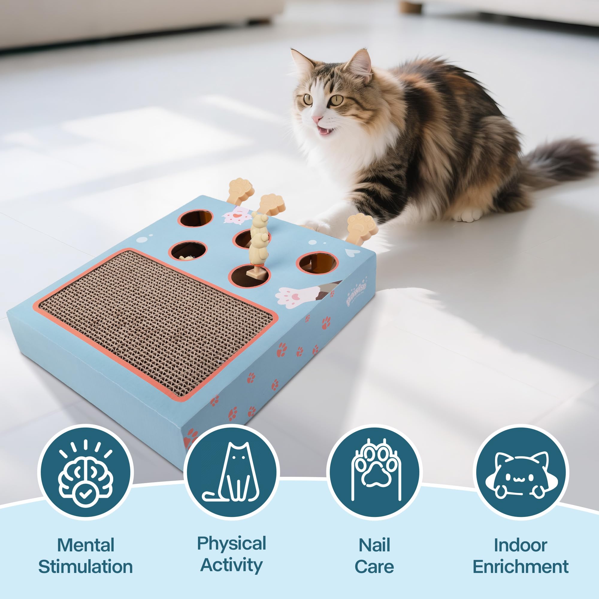 PAWISE Interactive Cat Play Scratch,3-in-1 Whack-A-Mole Puzzle Toy, Cat Scratching Post with Catnip, Fun Toy for Kitten,Cardboar
