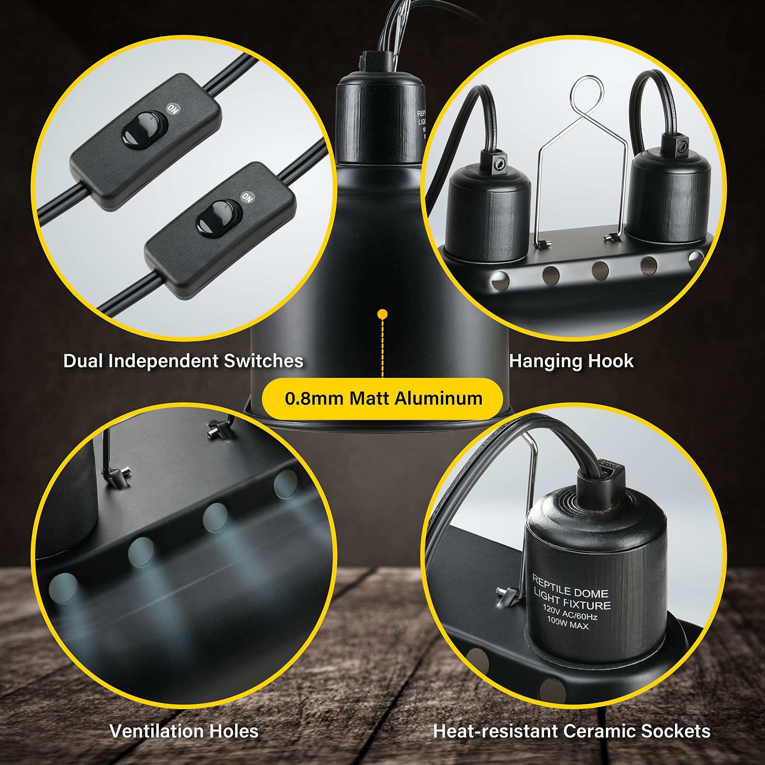 Simple Deluxe Dual Dome Reptile Light Fixture With Separate Switches, Fits Max 100W Reptile Heat Lamp/Uvb Light, For Amphibians