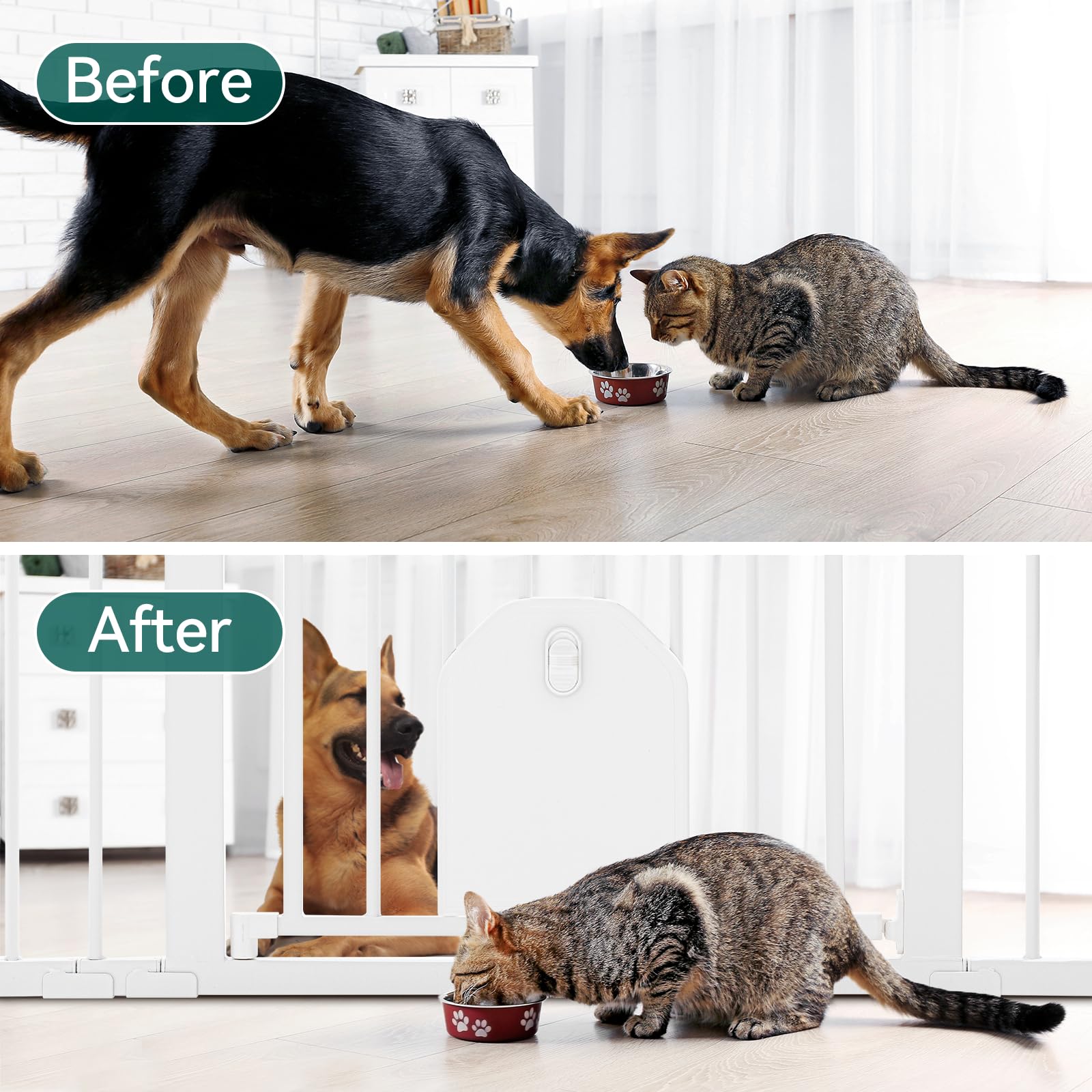 Babelio Auto Close Baby Gate With Cat Door,29-43'' Metal Gate For Doorway,Stairs, House,Easy Walk Thru With Pet Door,Includes 4