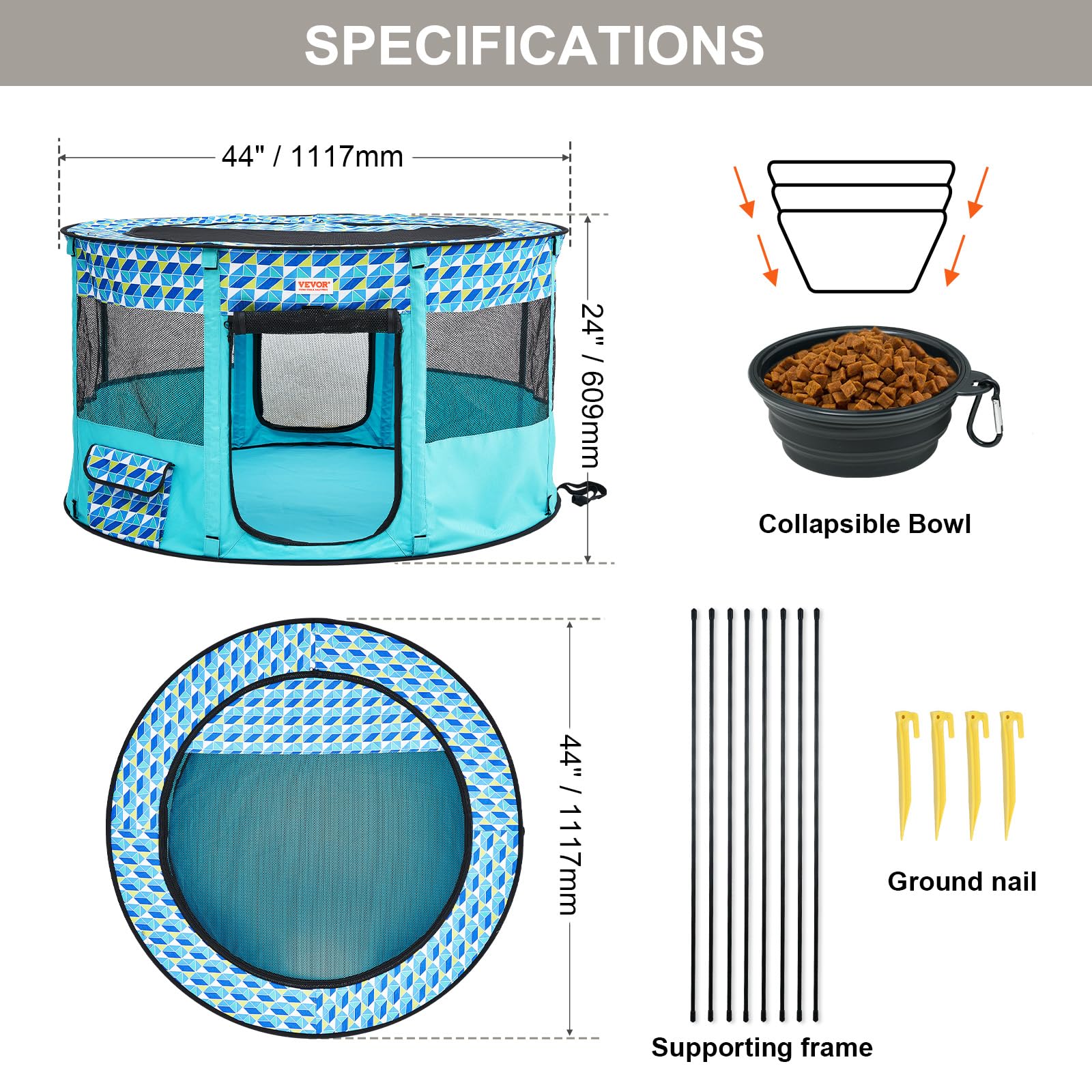 VEVOR Foldable Pet Playpen, 44 x 44 x 24 Portable Dog Playpen, Crate Kennel for Puppy, Dog, Cat, Waterproof 600D Oxford Cl