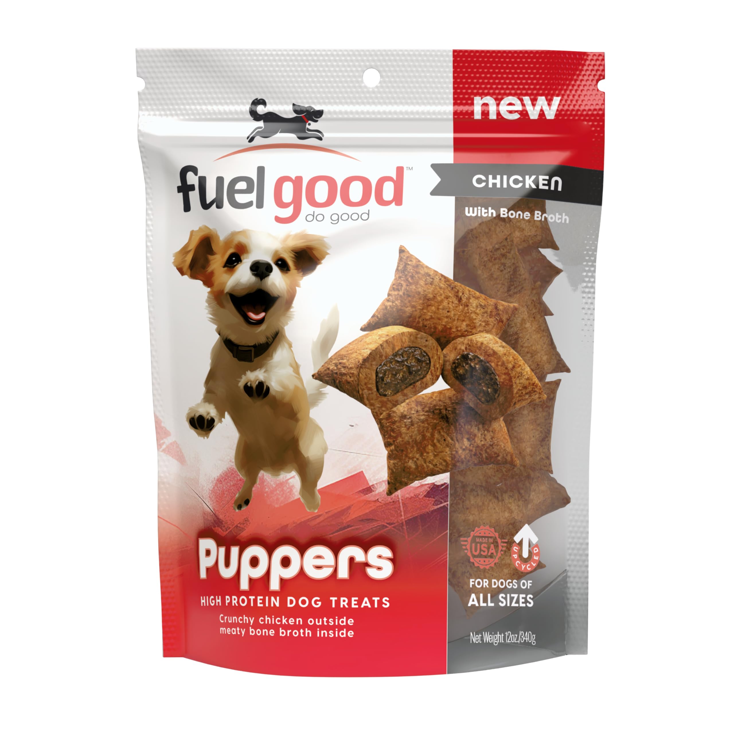 Fuel Good Puppers High Protein Dog Treats - Crunchy Chicken with Bone Marrow & Bone Broth - 12oz Bag - High Protein Treats for D
