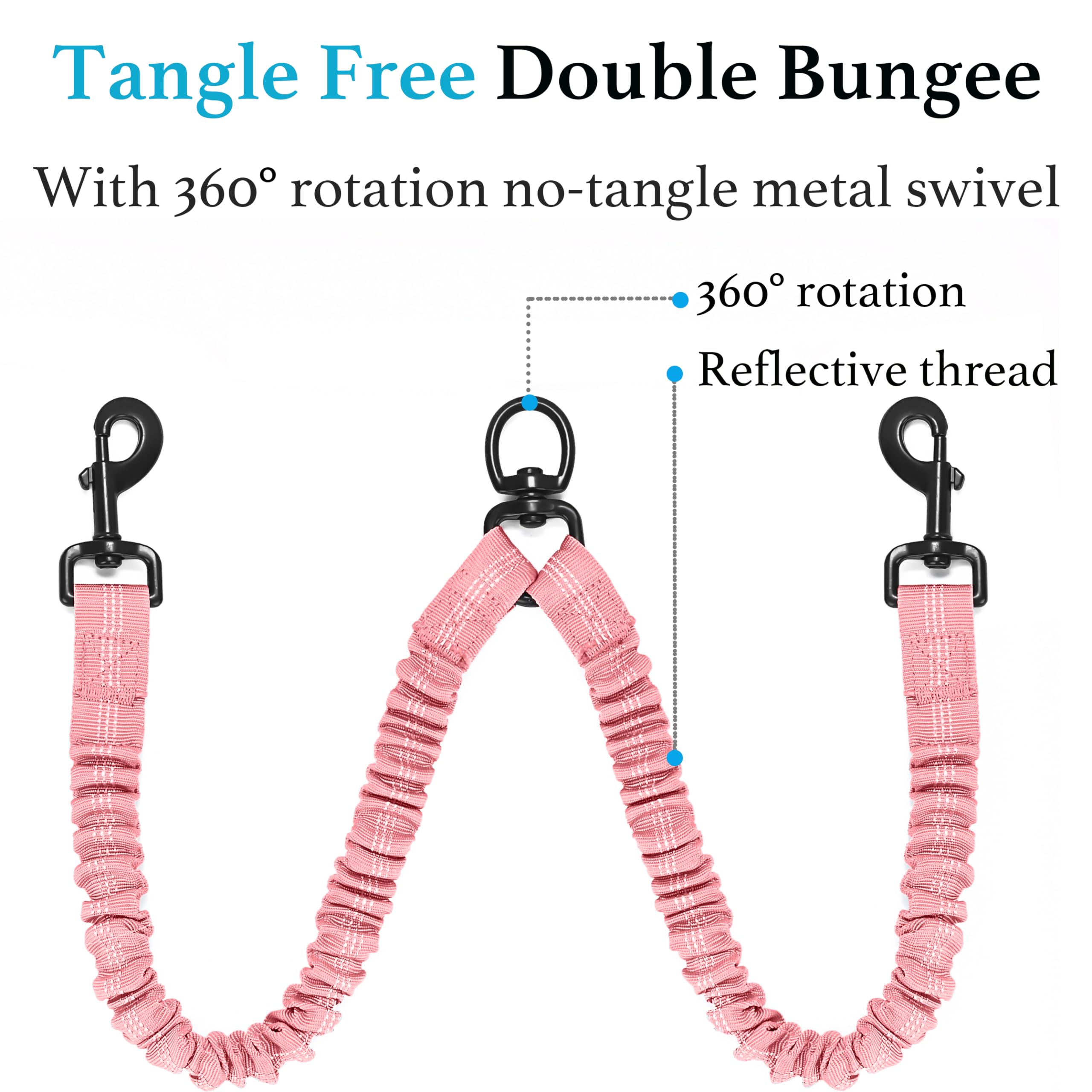 Iyoshop Dual Dog Leash, Double Dog Leash, 360 Swivel No Tangle Walking Leash, Shock Absorbing Bungee For Two Dogs, Large (25-150 Lbs), Baby Pink