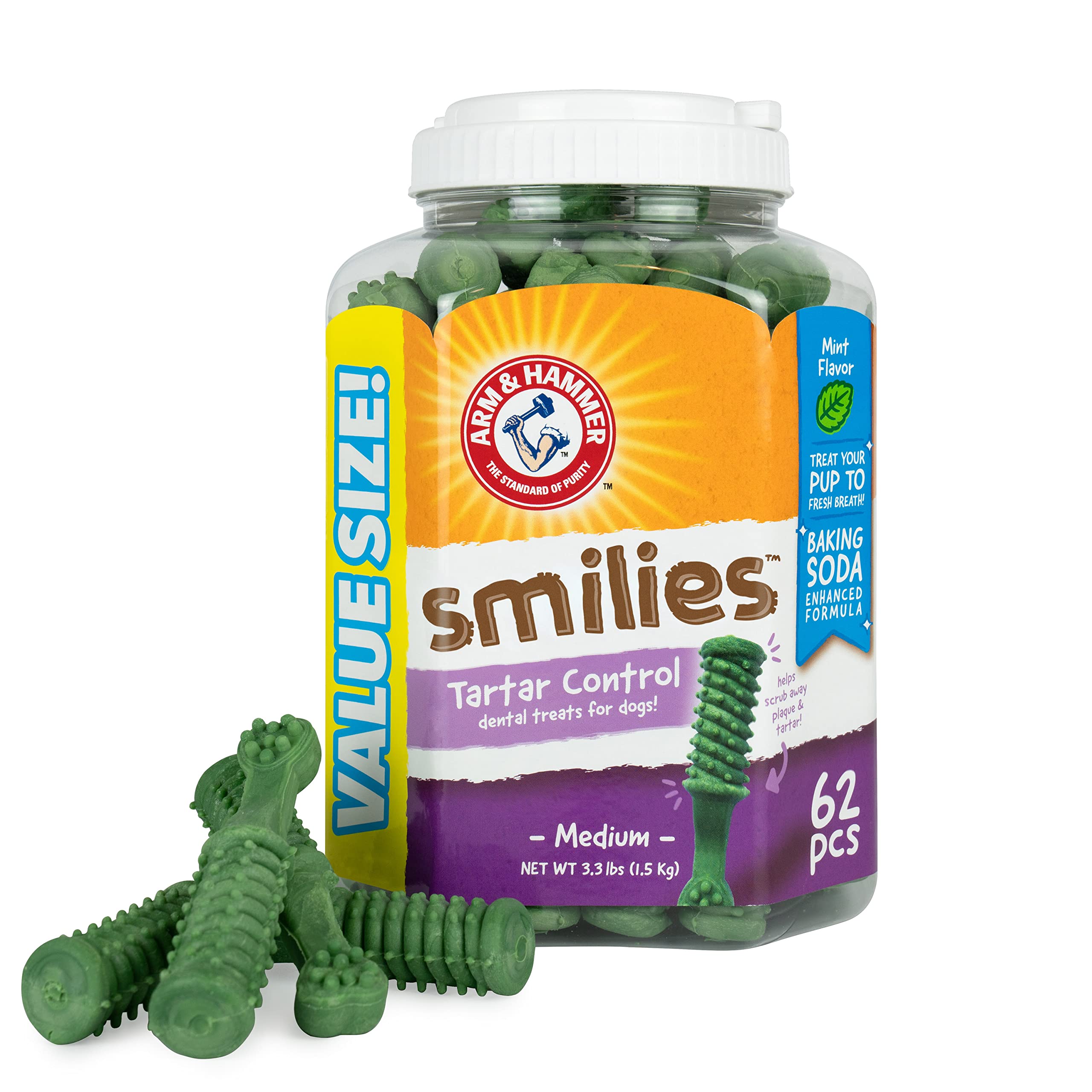 Arm & Hammer for Pets Smilies Tartar Control Dental Treats for Dogs, Value Pack, 62 Pieces | Dog Dental Chews Fight Bad Breath, 