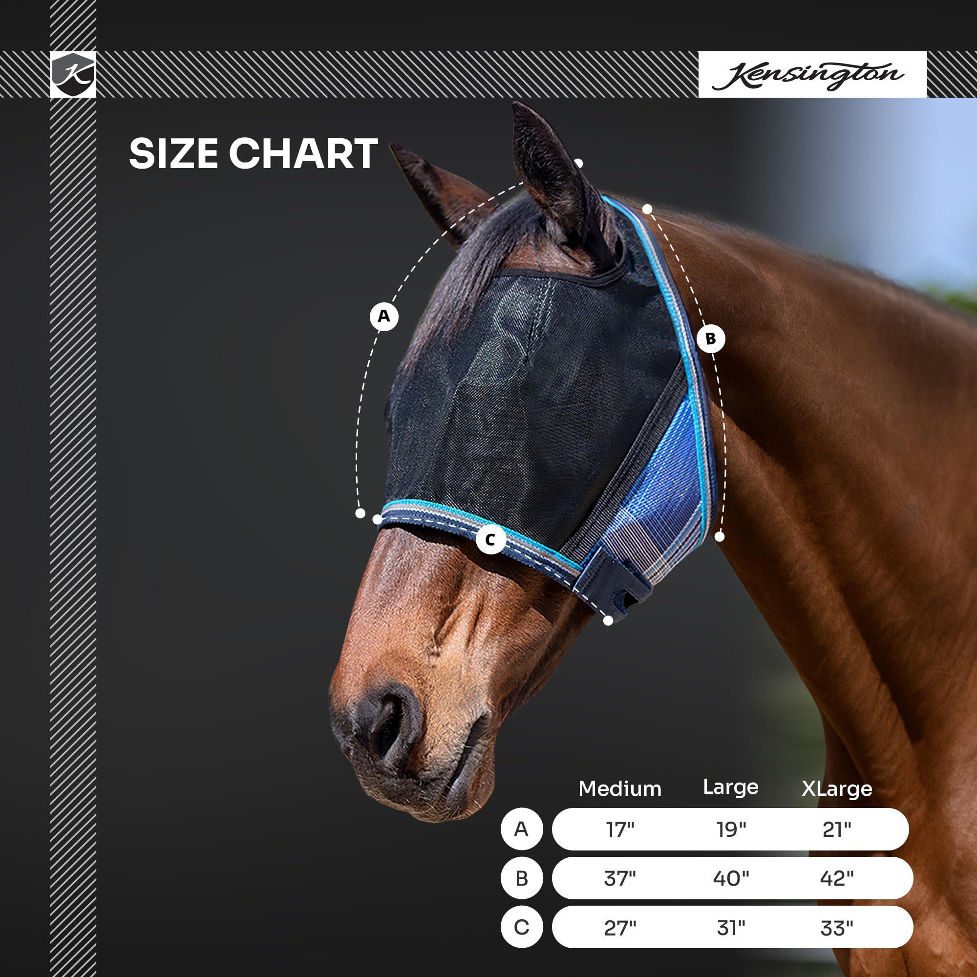 Kensington UViator CatchMask Horse Fly Mask with Web Trim UV Eye Protection Mask for Horse - Large, Deluxe Black