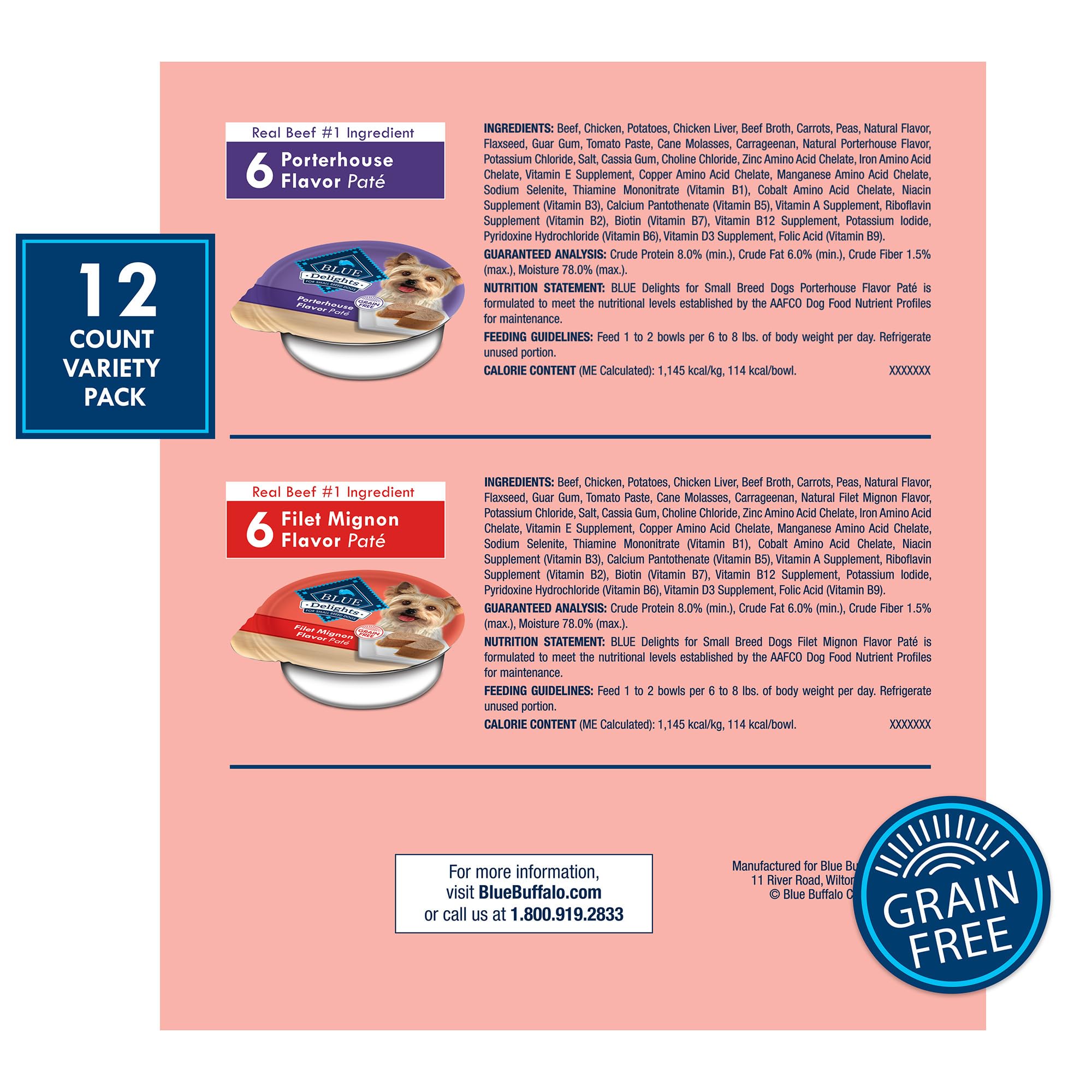 Blue Buffalo Delights Natural Adult Small Breed Wet Dog Food Cups, Pate Style, Filet Mignon and Porterhouse 3.5-oz (12 Pack- 6 o