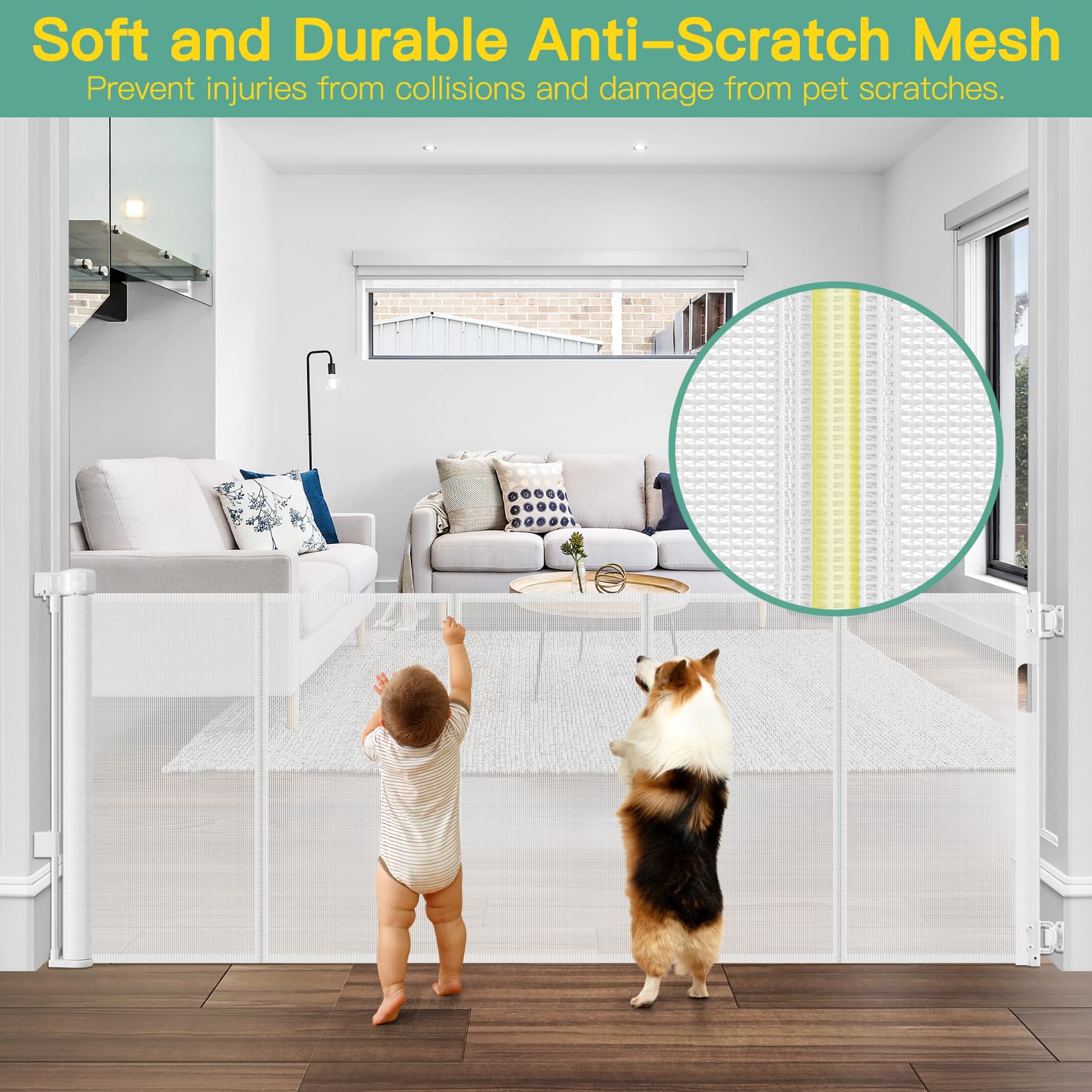 Stcockis 60" Wide Retractable Baby Gate - 33" Tall, White PVC Mesh, Model 59T6A3, Indoor/Outdoor, Anti-Escape Design