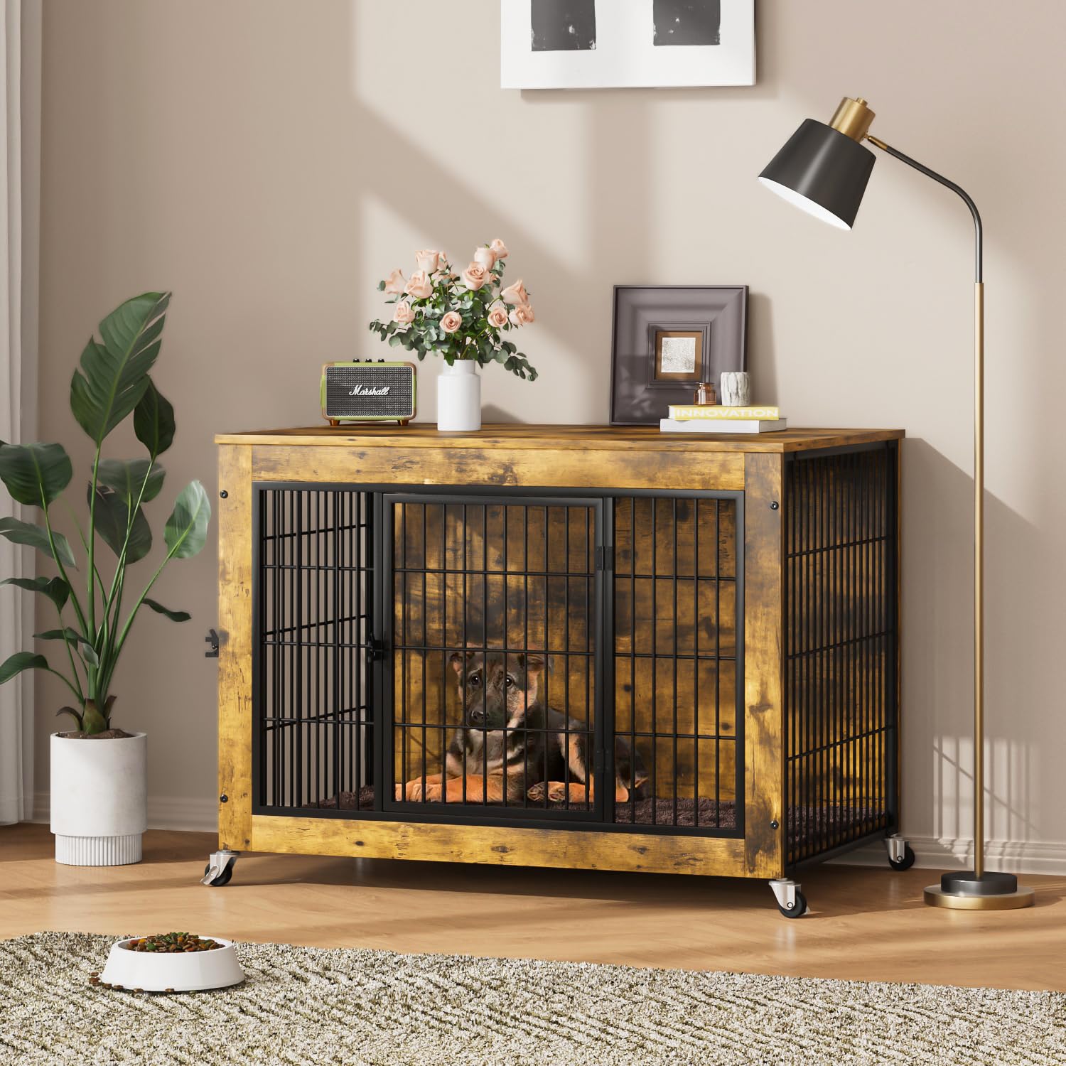 PRETZI Dog Crate Furniture with Cushion,32  Wooden Dog Crate nightstand with Double Doors, Brown Kennel Indoor with Wheels, Deco