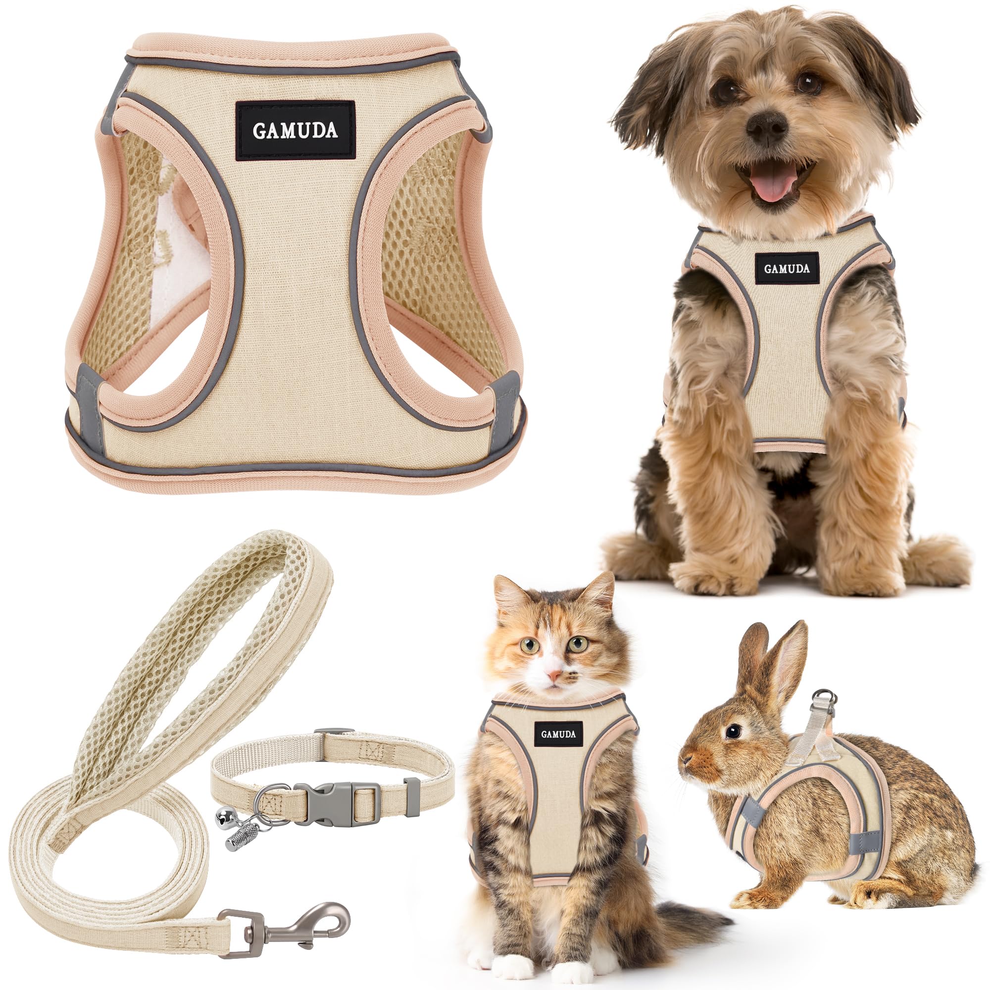 GAMUDA Small Pet Harness Collar and Leash Set, Step in No Chock No Pull Linen Fabric Soft Mesh Dog Vest Harnesses Reflective for