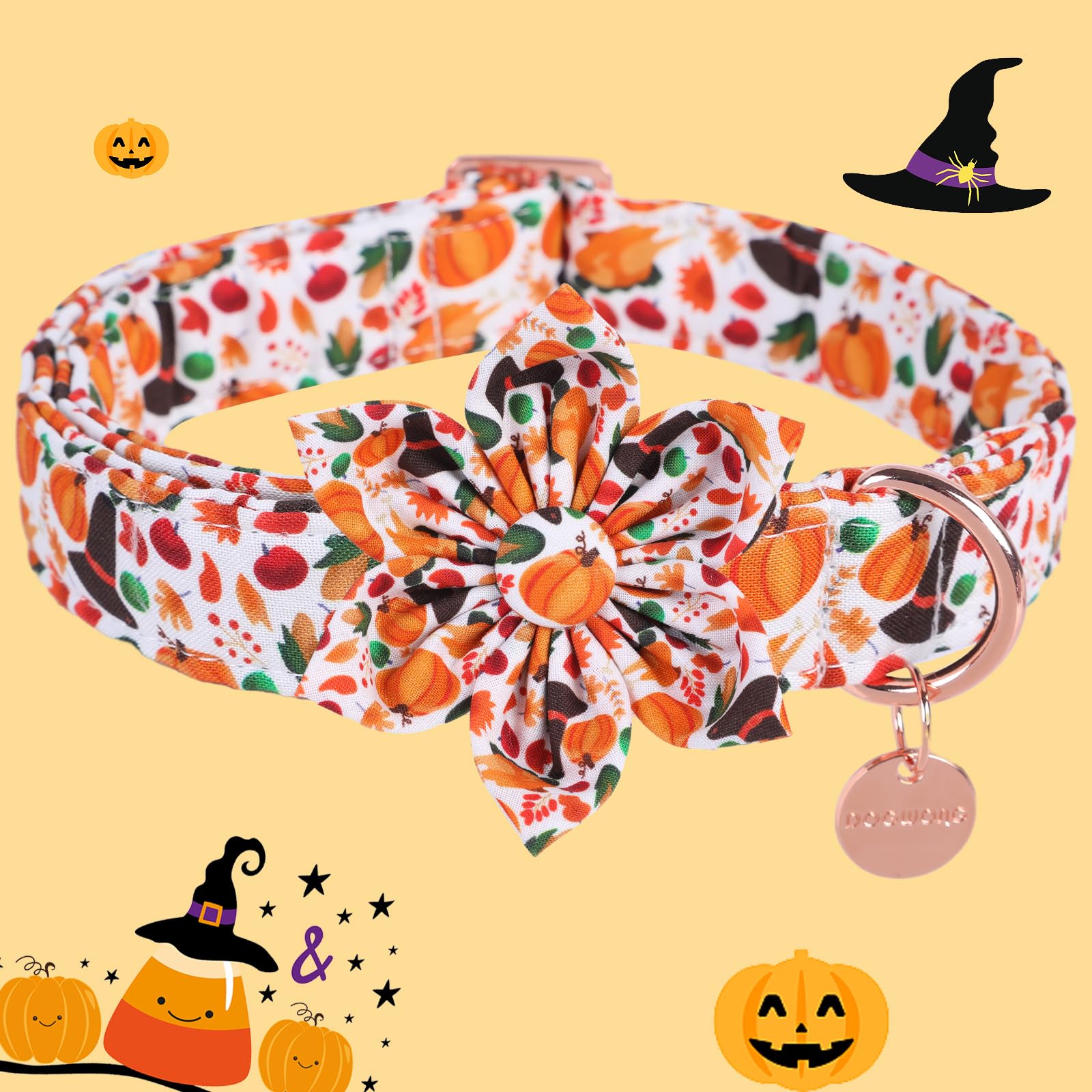 Dogwong Fall Dog Collar With Bowtie - Fall Thanksgiving Dog Collar Soft Cotton Autumn Dogs Necklace - Halloween Puppy Necklace F