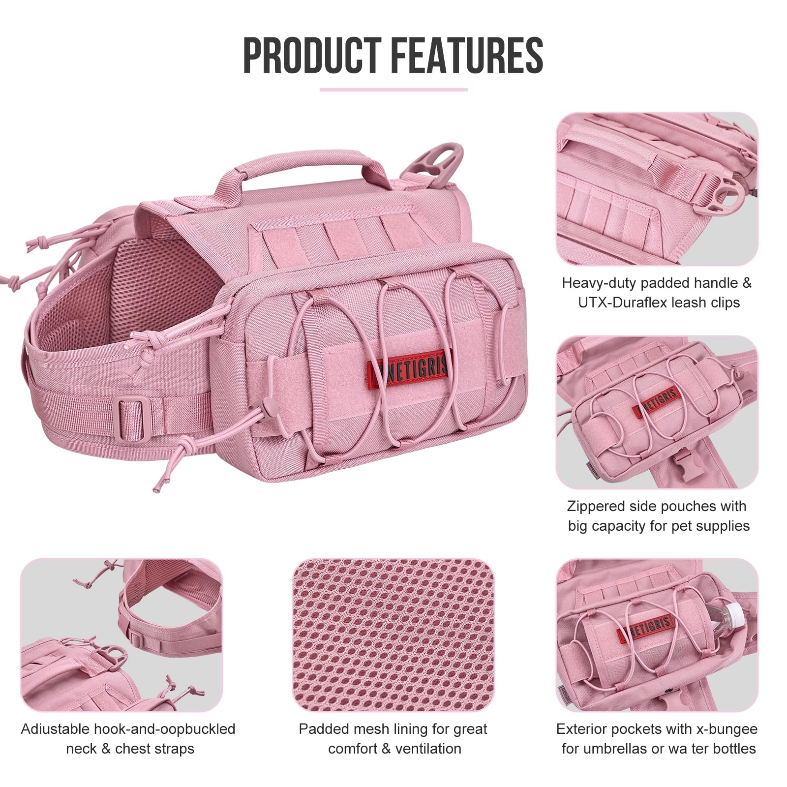 Onetigris Dog Backpack For Medium & Large Dogs, Mammoth Nylon Dog Pack Tactical Backpack Harness With Side Pockets For Hiking Wa