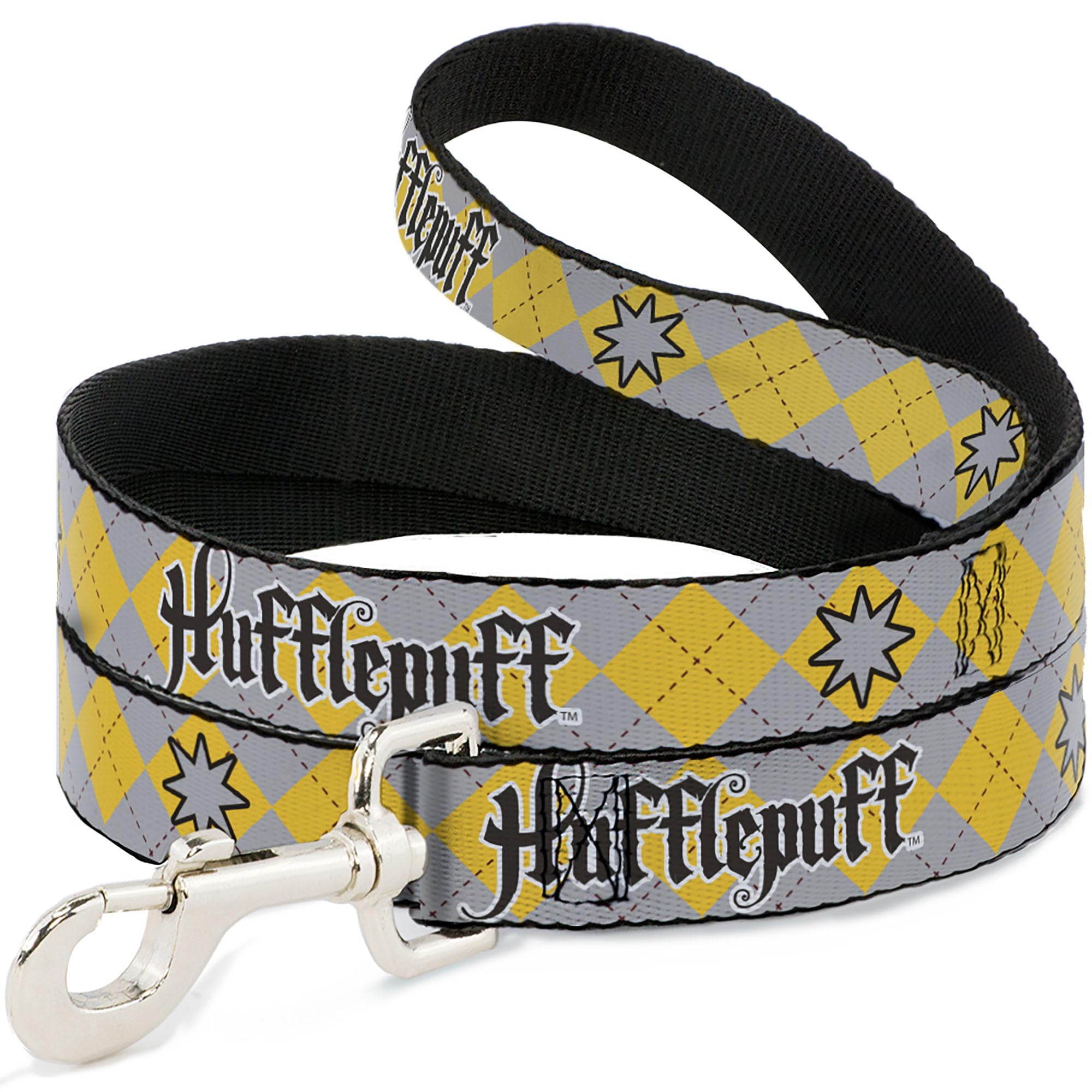 Warner Bros. Pet Leash, Dog Leash, Harry Potter Hufflepuff Stars Argyle Plaid Gray Gold Browns, 6 Feet Long 1.5 Inch Wide