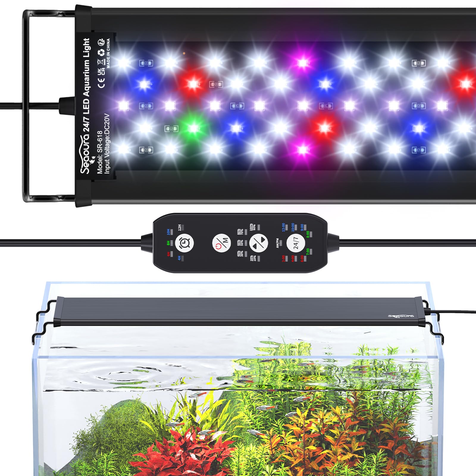 Seaoura 24/7 Mode Led Aquarium Light For Plants-Full Spectrum Fish Tank Light With Timer, Auto On/Off, 7 Colors, Adjustable Brig