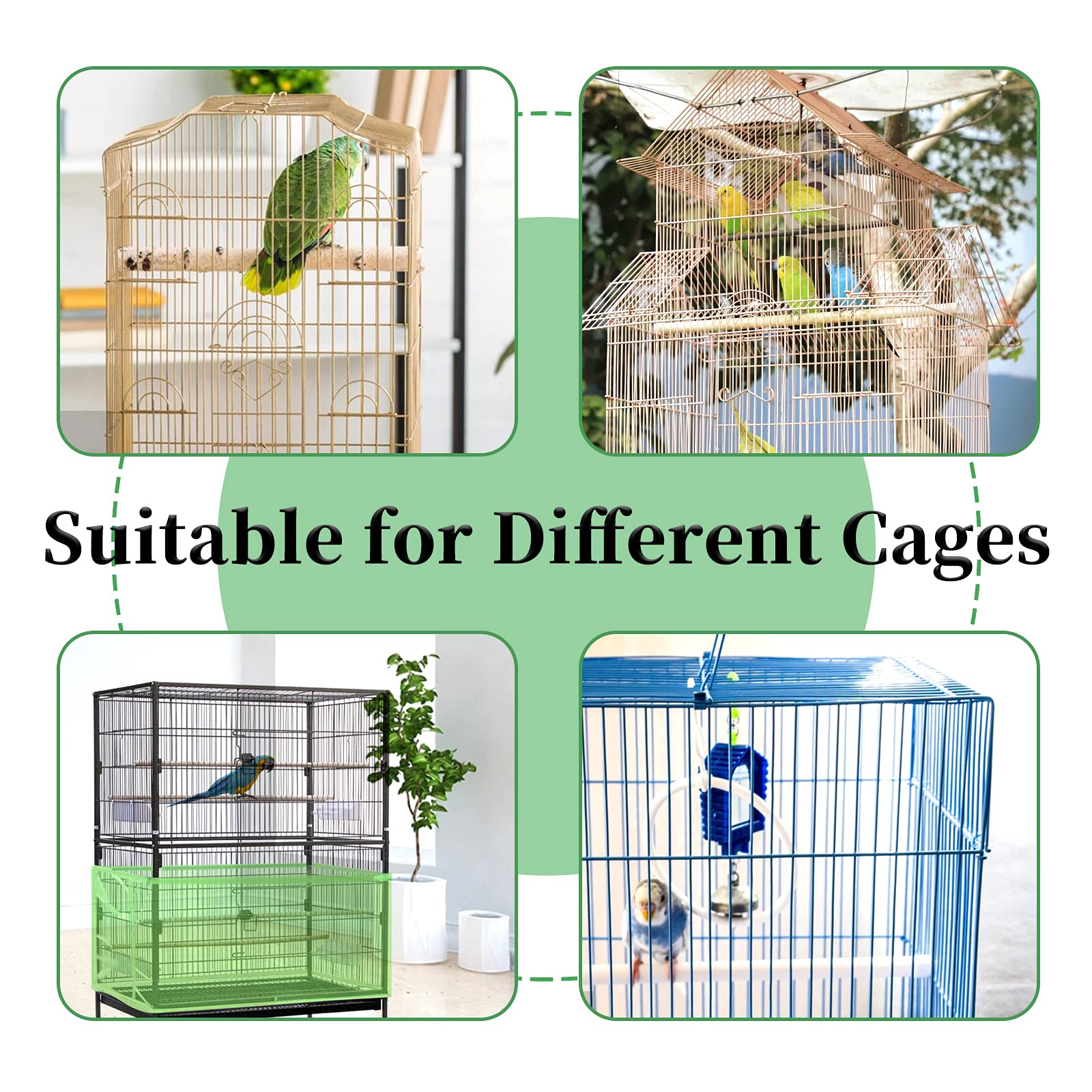 Daoeny Large Bird Cage Cover, Bird Cage Seed Catcher, Adjustable Soft Airy Nylon Mesh Net, Birdcage Cover Skirt Seed Guard For Parrot Parakeet Macaw African Round Square Cages (Green)