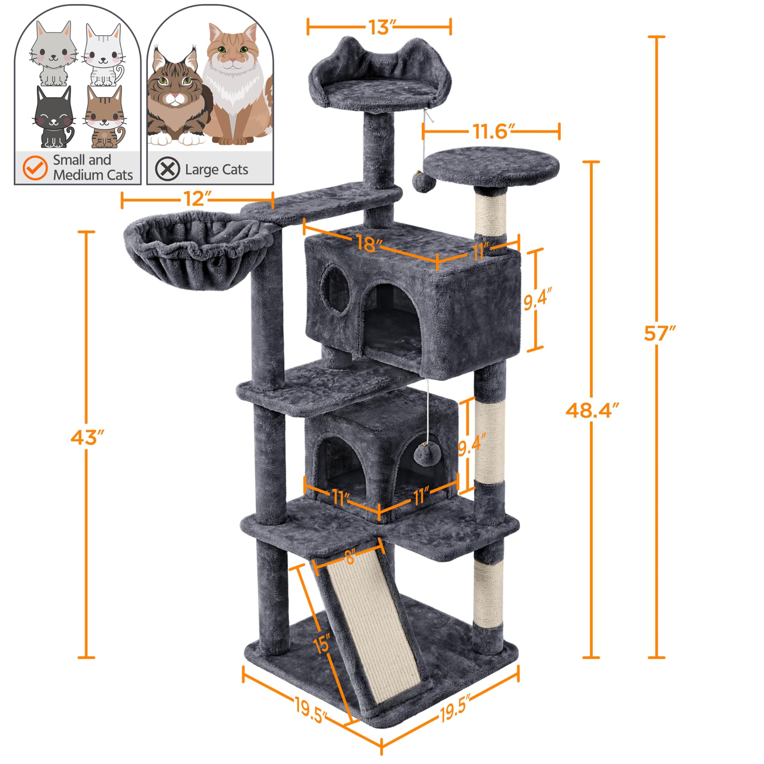 Yaheetech 57 Inches Cat Tree For Indoor Cats, Multi-Level Cat Tower W/ 3 Padded Perches, 2 Cat Condos, 2 Hanging Balls And Scratching Posts, Dark Gray
