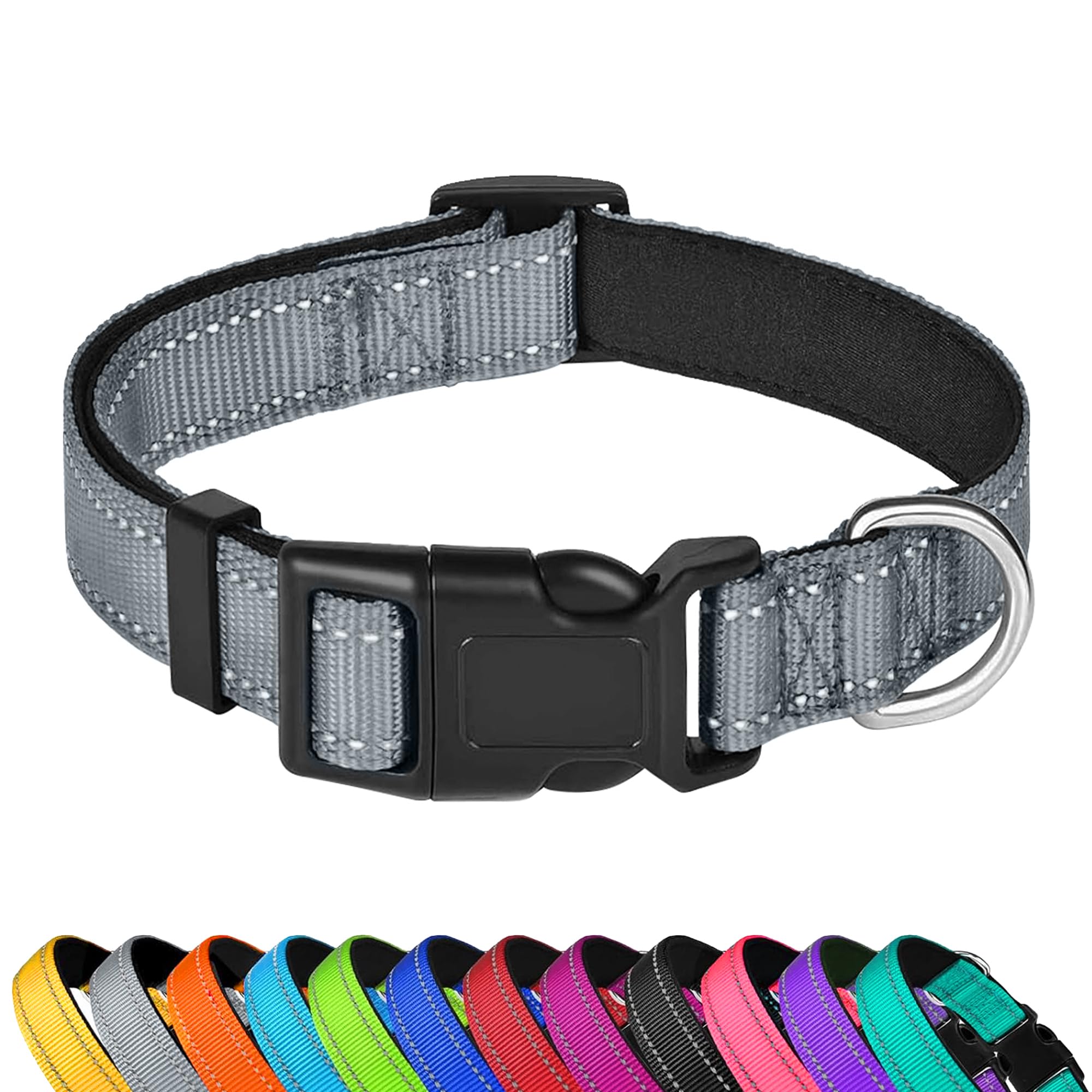 Pwod Reflective Dog Collar, Adjustable Soft Neoprene Padded Nylon Pet Collars With Buckle For Extra Large Dogs, Gray,Xl
