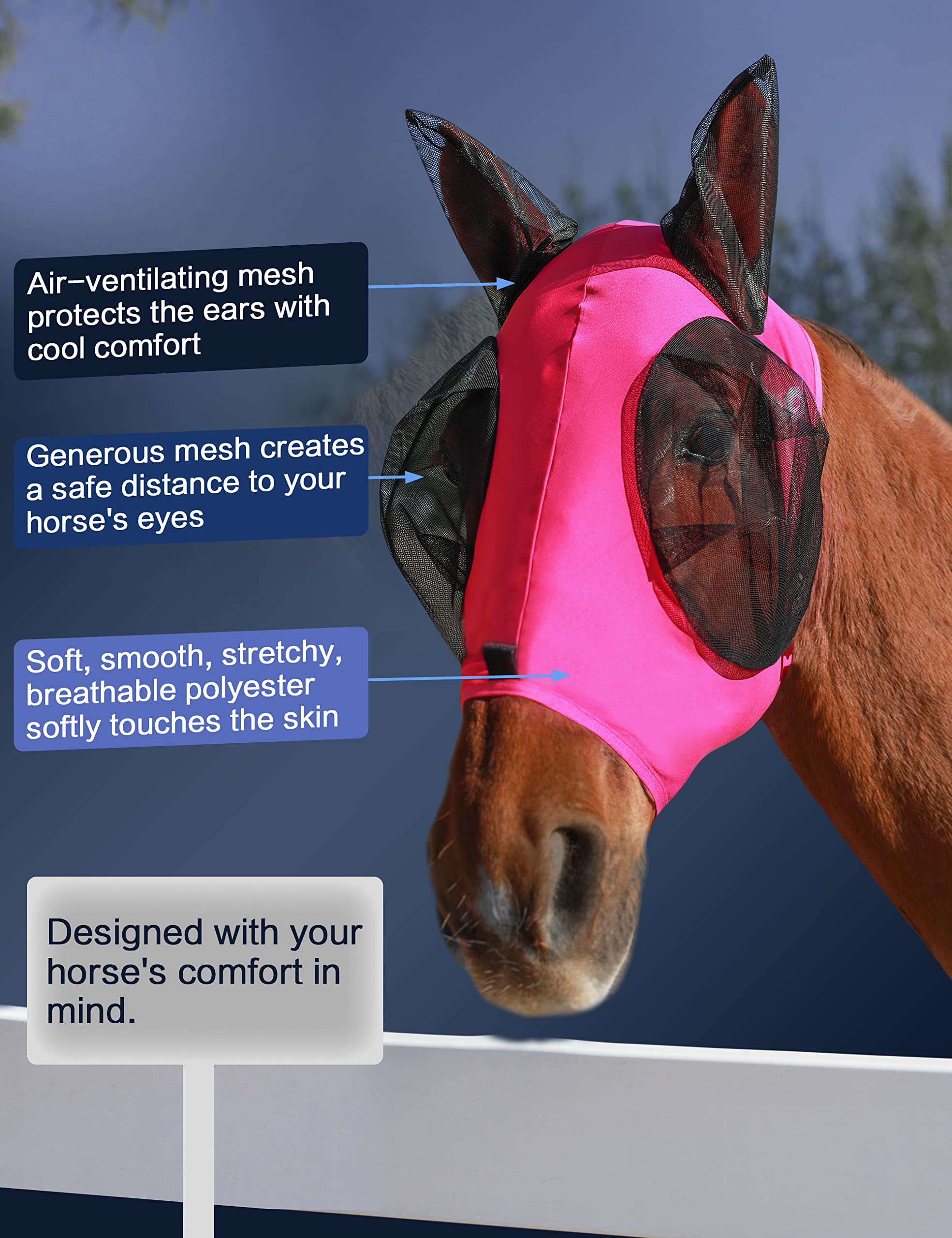 HackFond Horse Fly Mask with Ears, UV Protection Mask for Horses, Elasticity Mask with Big Mesh Eye Covers, Snug Fitting Comfort
