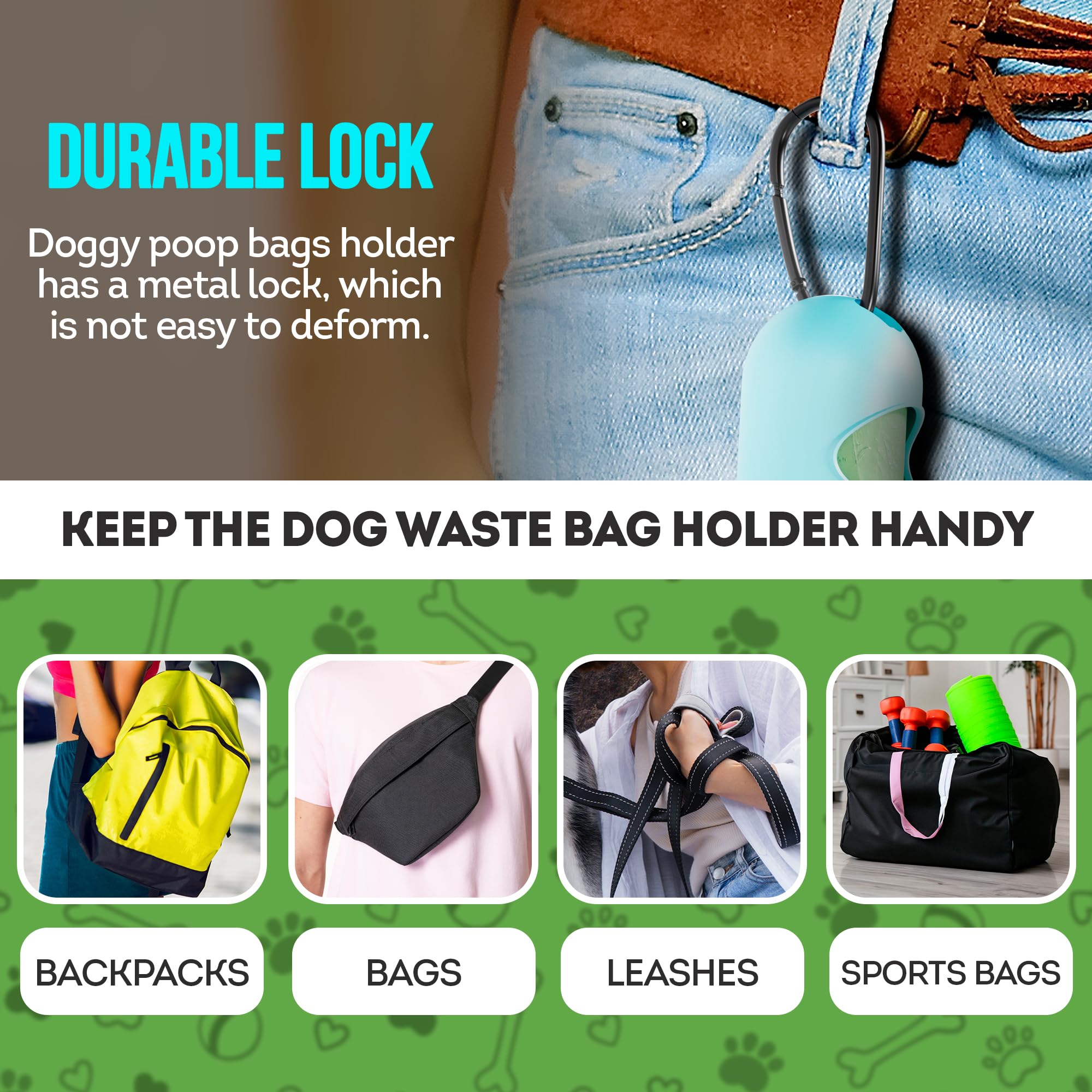 Purevacy Dog Poop Bag Dispenser With 4 Rolls Of 15 Bags In Each. 60 Bags Green Dog Poop Bag Holder With Flashlight For Leash. Dog Bag Dispenser With Carabiner Clip. Poop Bags Holder For Walking