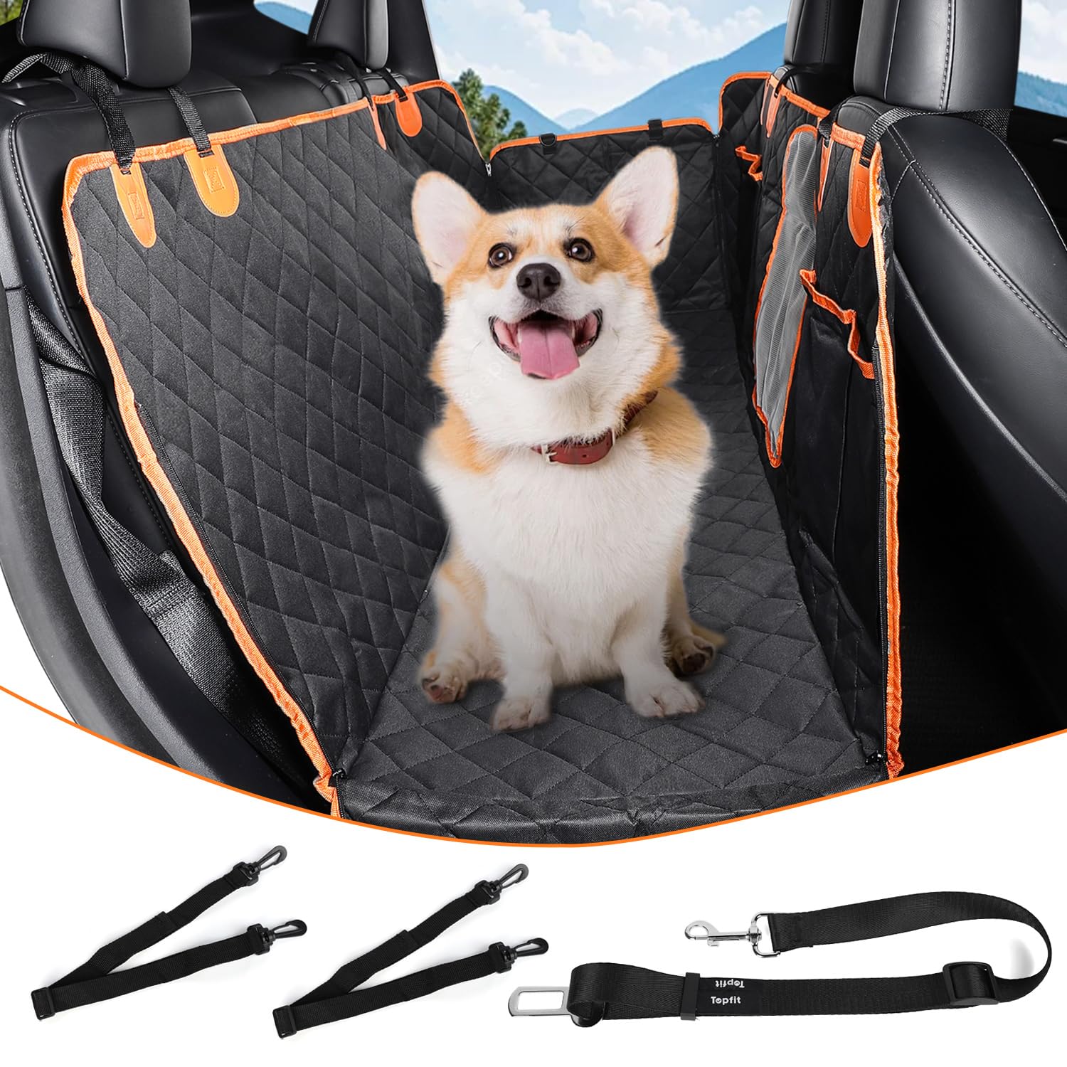 Topfit Dog Car Seat Cover 60/40 Split Pet Seat Cover Waterproof Car Seat Protector For Dog With Side Flaps, Scratchproof Dog Bac