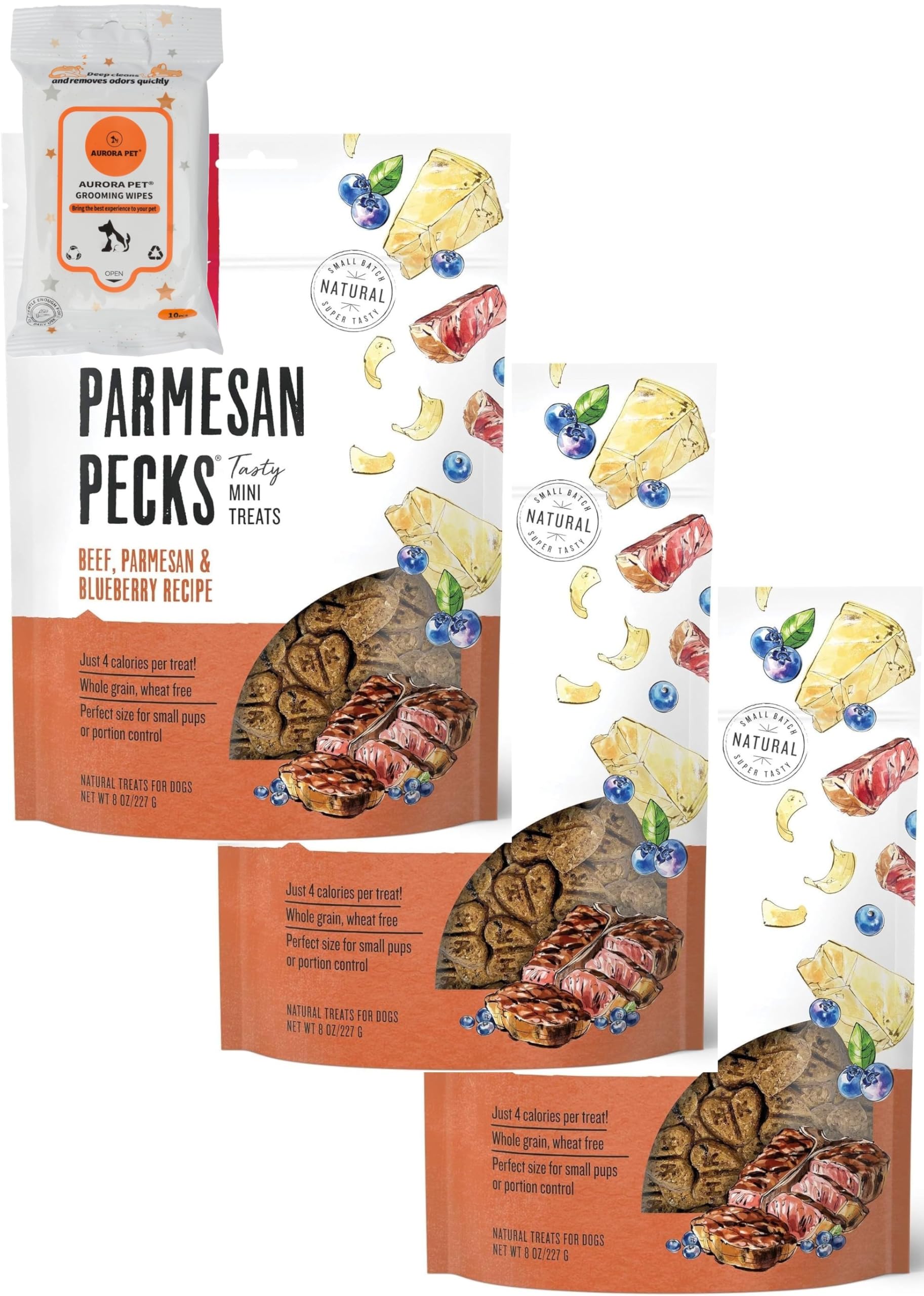 Aurora Pet Bundle (3) Parmesan Pecks Beef, Parmesan & Blueberry Recipe Dog Treats (Each 8 oz) with AuroraPet Wipes