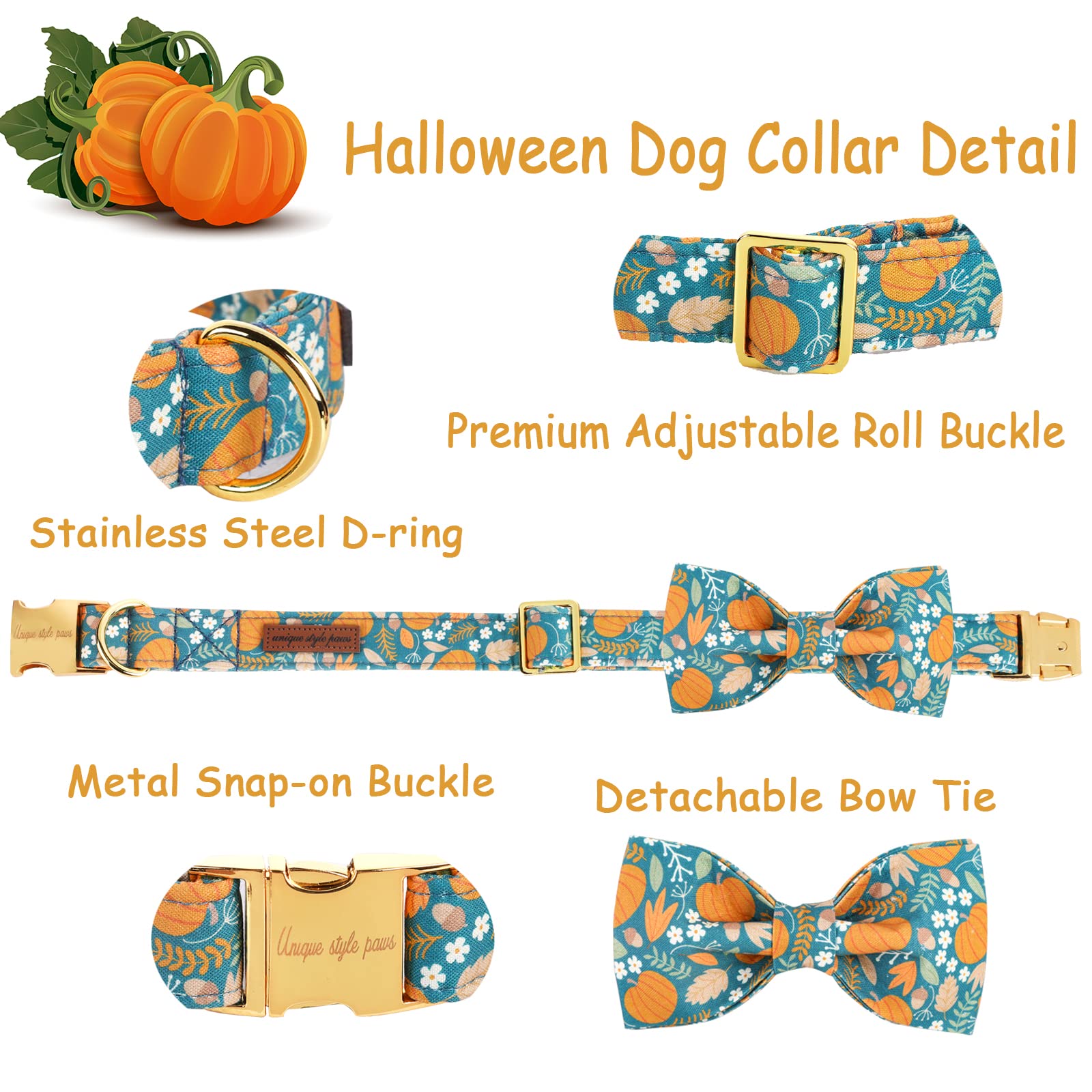 Unique Style Paws Halloween Dog Collar With Bow Tie Pumpkin Cotton Collar Adjustable Puppy Collar For Small Medium Large Dogs-Xl