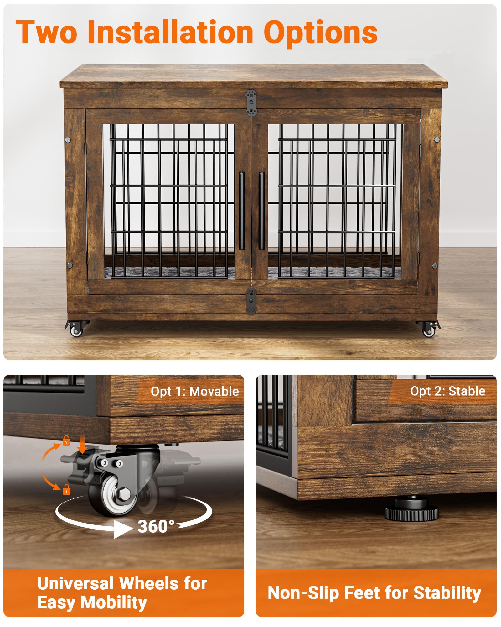 Dog Crate Furniture with Cushion Set of 2, Large Wooden Dog Kennel Indoor with Double Doors, Dog Cage with Wheels, Dog House Sid