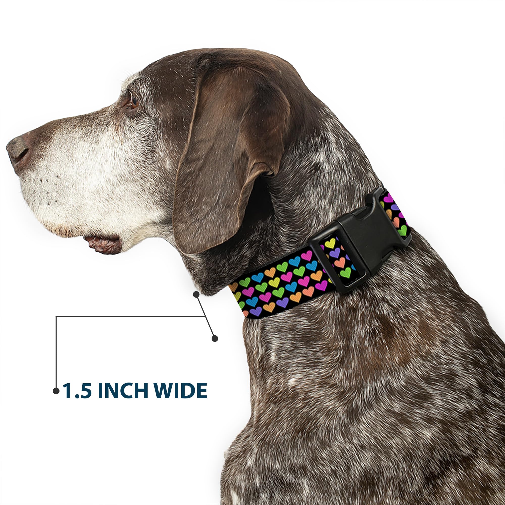 Buckle-Down Plastic Clip Collar - Mini Hearts Black/Multi Neon - 1.5 Wide - Fits 16-23 Neck - Medium