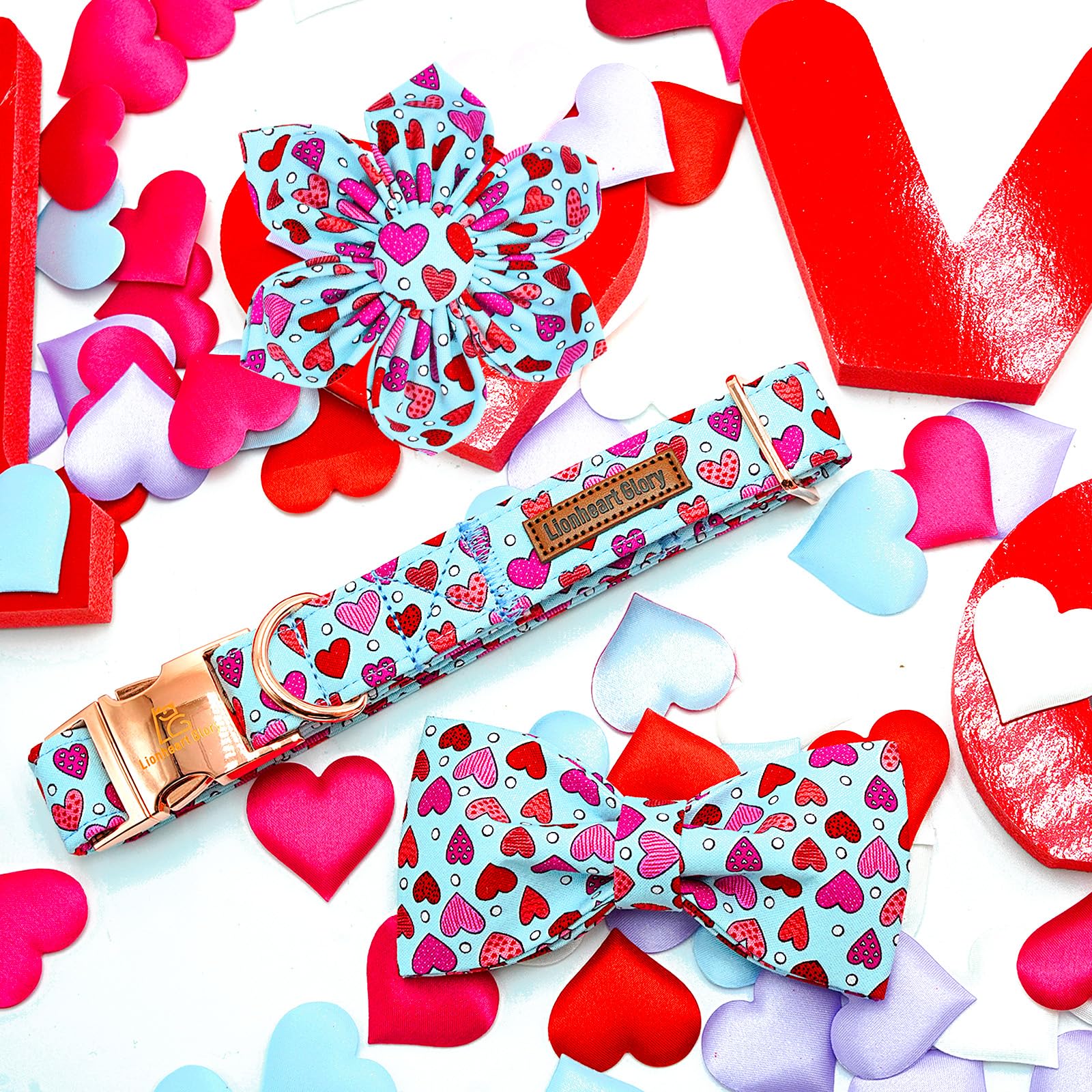 Lionheart Glory Valentine'S Day Dog Collar-Red Hearts Print Dog Collar With Flower For Medium Dogs Spring Blue Cute Dog Bow Coll
