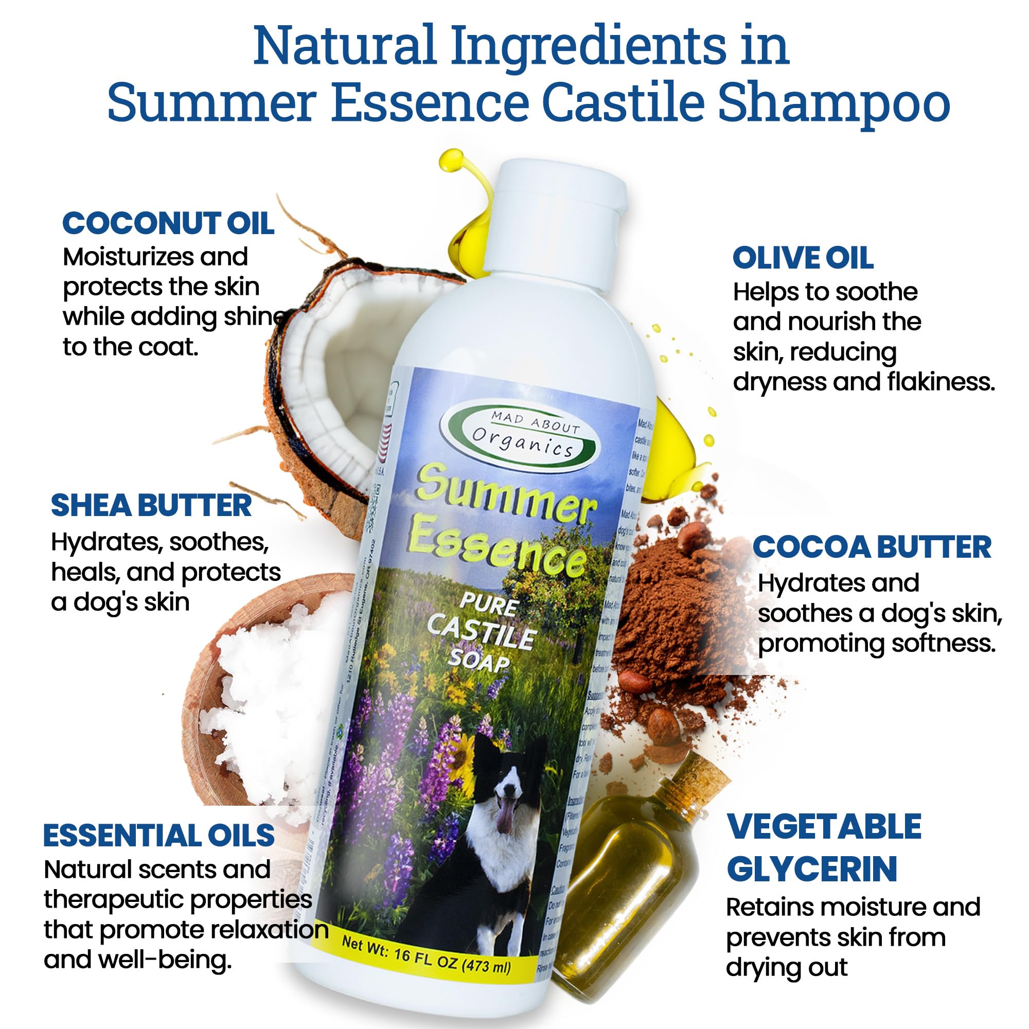 Mad About Organics Summer Essence Dog Shampoo - Pure Castile Soap with Botanical Fruit & Flower Oils, Gentle Formula for Delicat