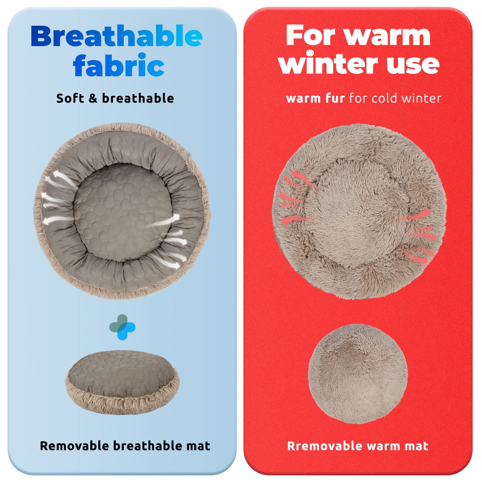 Hachikitty Dog Donut Bed Calming Bed Donut Round, Fluffy Dog Bed Medium Large Dogs, Cooling Warming Soft Dog Cushion Bed, Double Sided Available Donut Bed With Warm & Cool Sides(X-Large, Taupe)