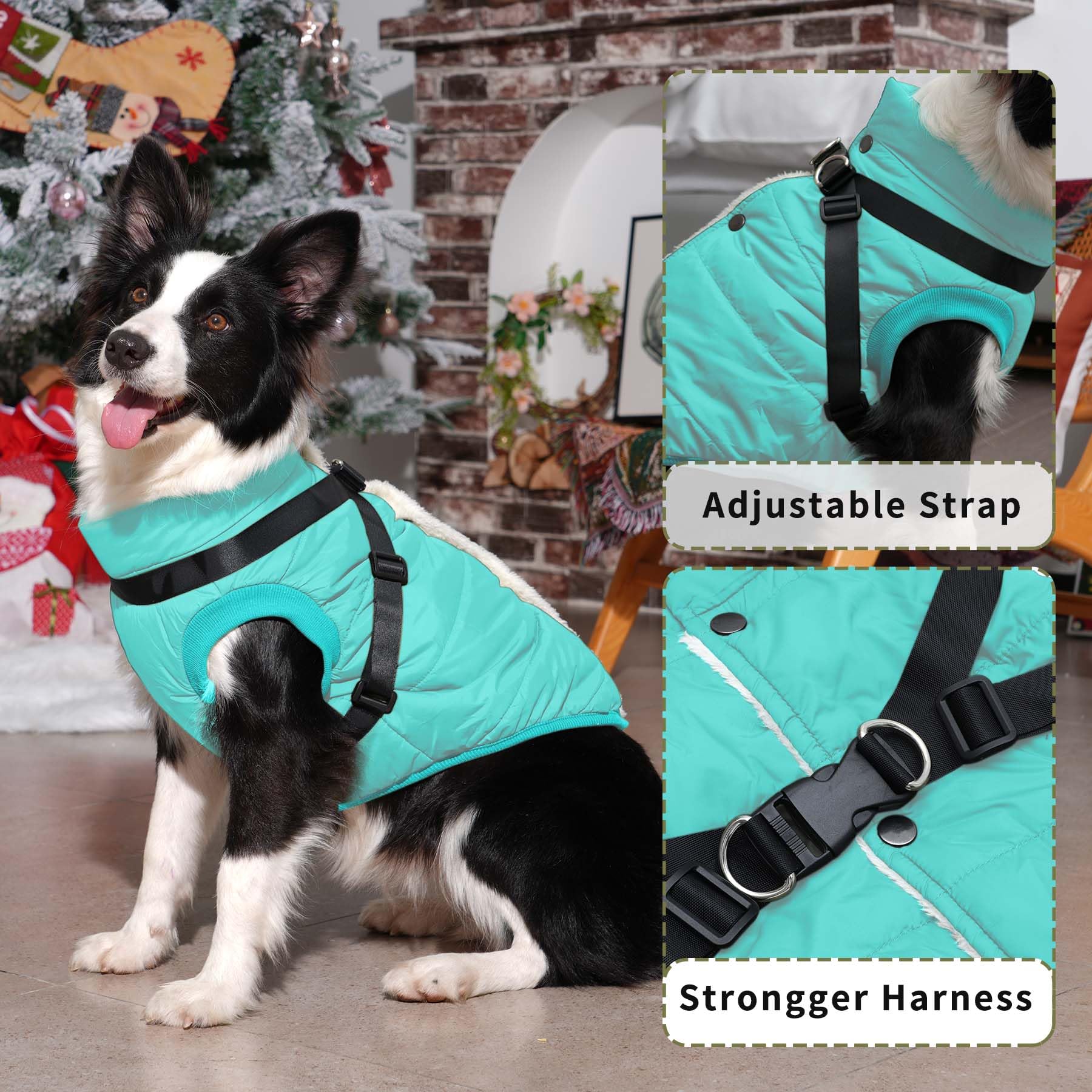 Joydaog Dog Jacket With Harness,Fleece Lined Warm Puppy Coat For Winter,Soft Windproof Large Dog Vest,Bluegreen Xxxl