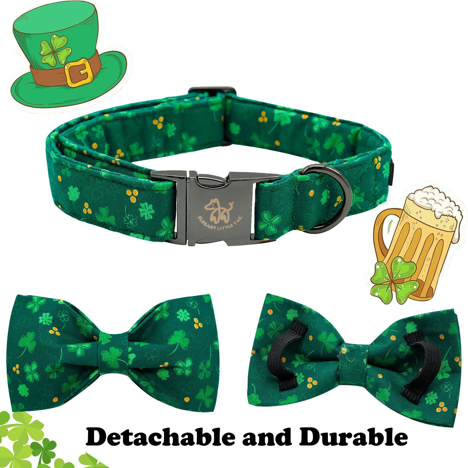 Elegant Little Tail St. Patrick'S Day Dog Collar With Bow - Green Clover Bowtie Adjustable For Small Dogs - Pet Gift