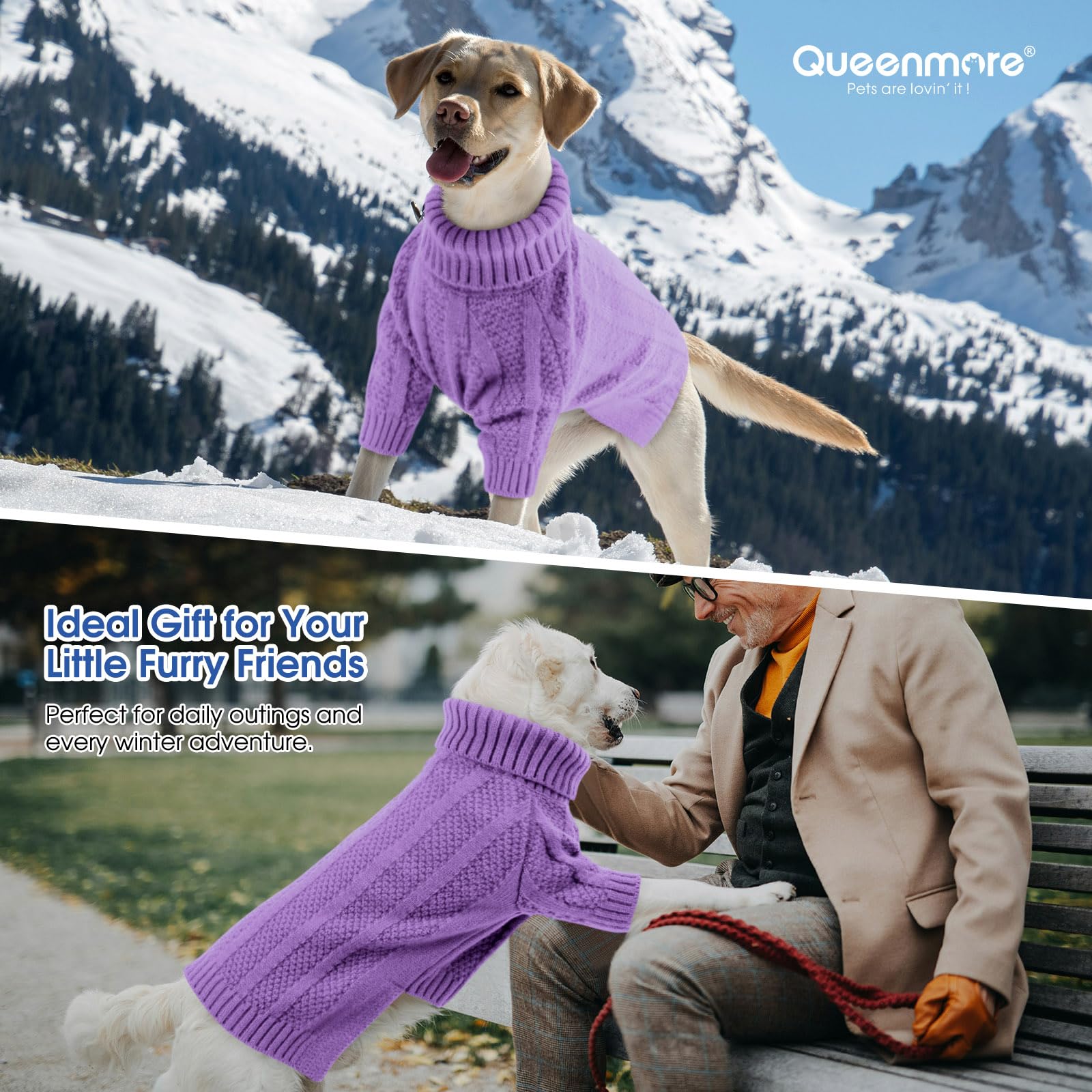 Queenmore Small Dog Sweater, Xmas Turtleneck Knitted Pullover For Dogs, Cats, Girls, Boys - Cold Weather Pet Apparel (Purple, S)