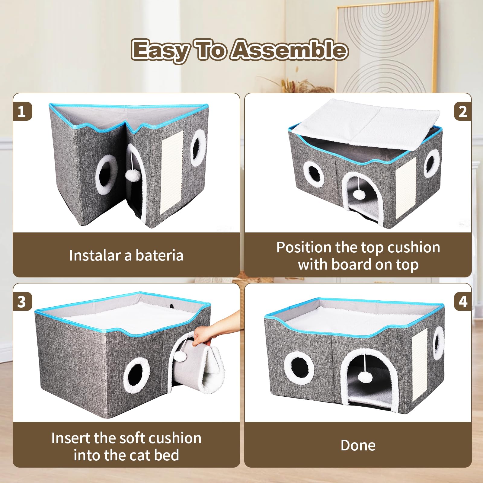 Cat House For Indoor Cats - Foldable Cat Bed Cave With Scratch Pad, Fluffy Ball, And Cat Hole - Durable & No Sagging Cat Condo,