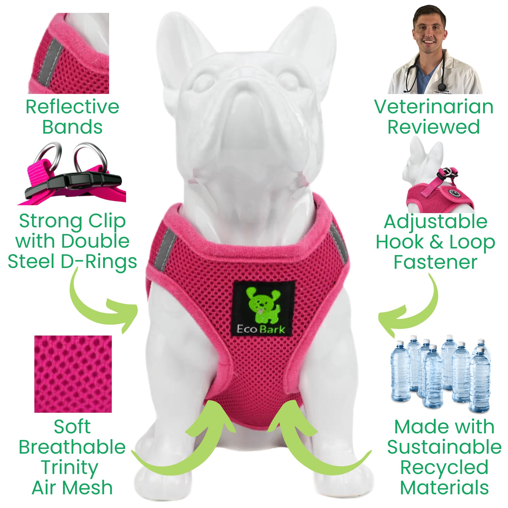 Ecobark Pink Xxxs Dog Harness, Soft Mesh No Pull Mini Body Halter For Toy Breeds Up To 10In, Escape Proof, Recycled Straps, Adju