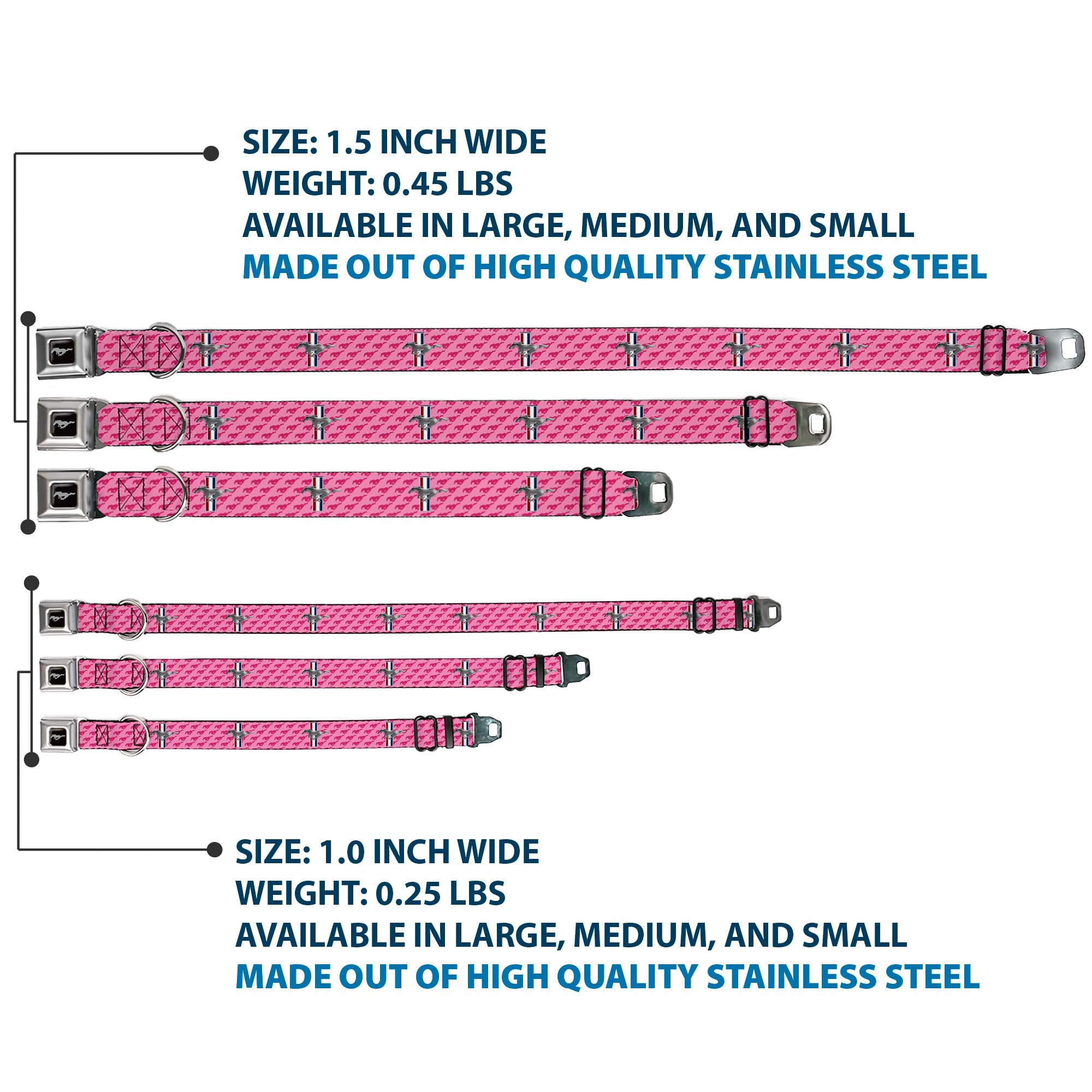 Buckle-Down Dog Collar Seatbelt Buckle Ford Mustang Bars Text Pink Logo Repeat 16 To 23 Inches 1.5 Inch Wide