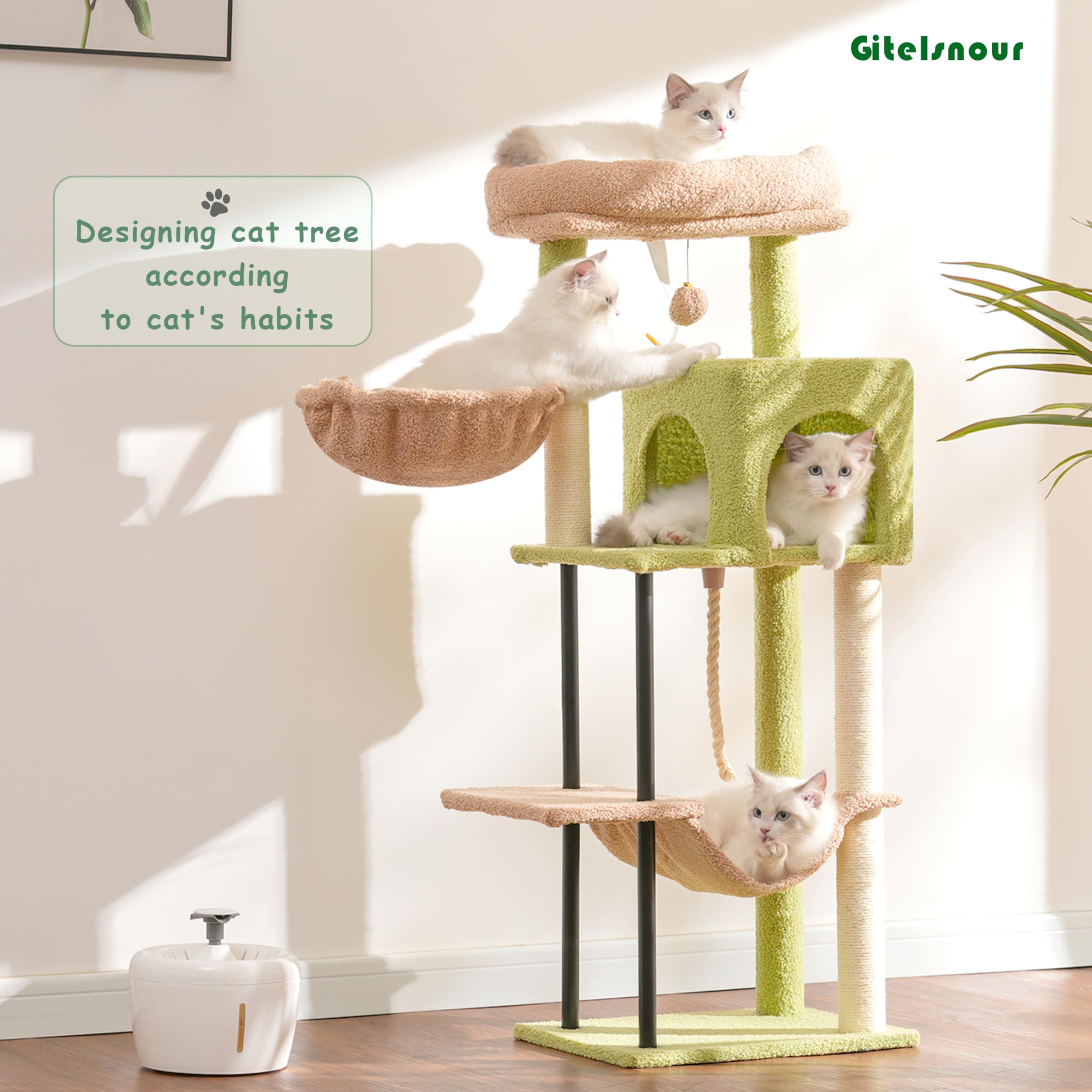 Gitelsnour Cat Tree, Cat Tower For Indoor Cats, 43.3 Inch Cactus Cat Tree Tower With Sturdy Steel Tube, Hammock, Cat Condo For S