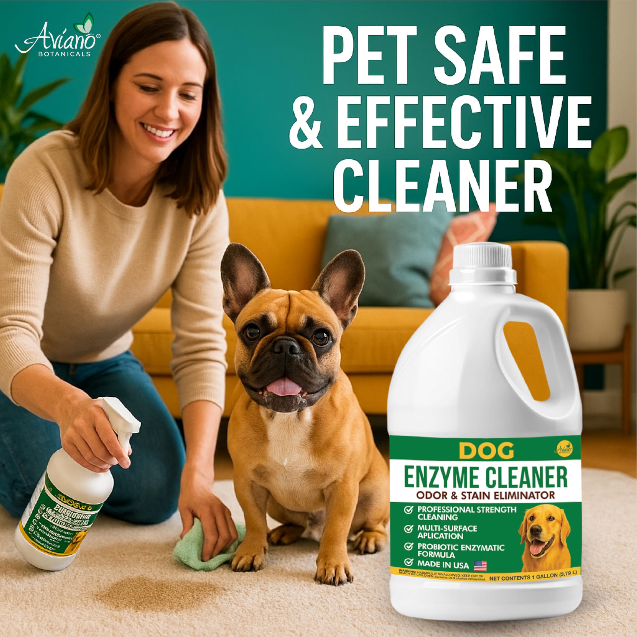 Aviano Enzyme Cleaner for Dog - 1 Gallon - Made in USA - Pet Urine Enzyme Cleaner for Tile, Hardwood, Furniture, Bedding, and Dr