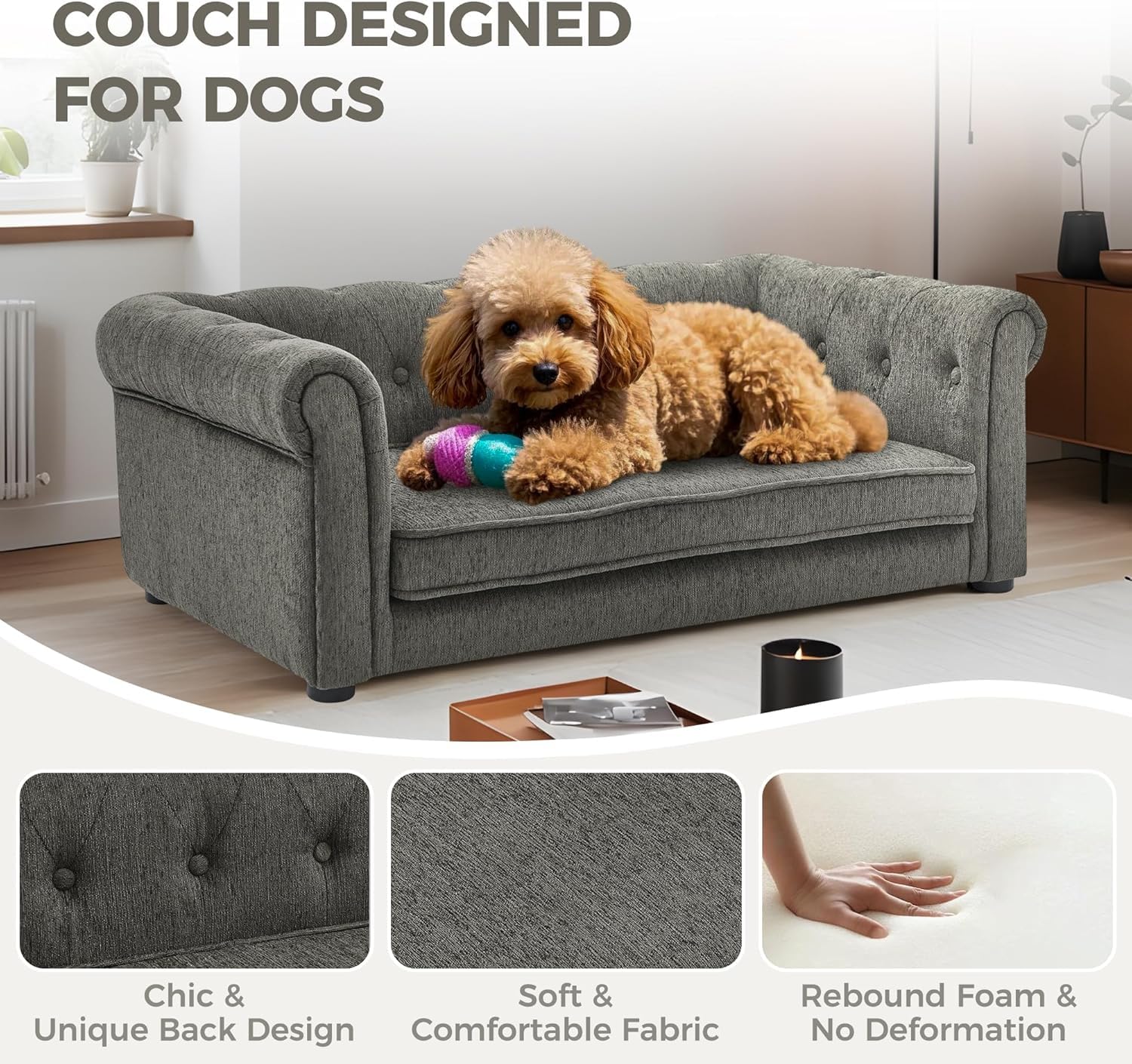 Dog Couch for Medium Dogs Up to 50 lbs, 29 W Memory Foam Dog Sofa Couch with Dry Cleanable Fabric, Elevated Dog Couch Bed with L